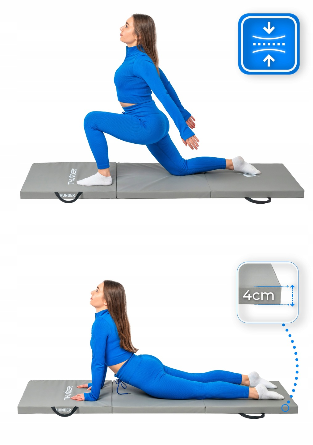 Kobieta w niebieskim stroju sportowym ćwiczy jogę na szarej macie. Istnieje informacja o grubości 4 cm. Tło jest białe.