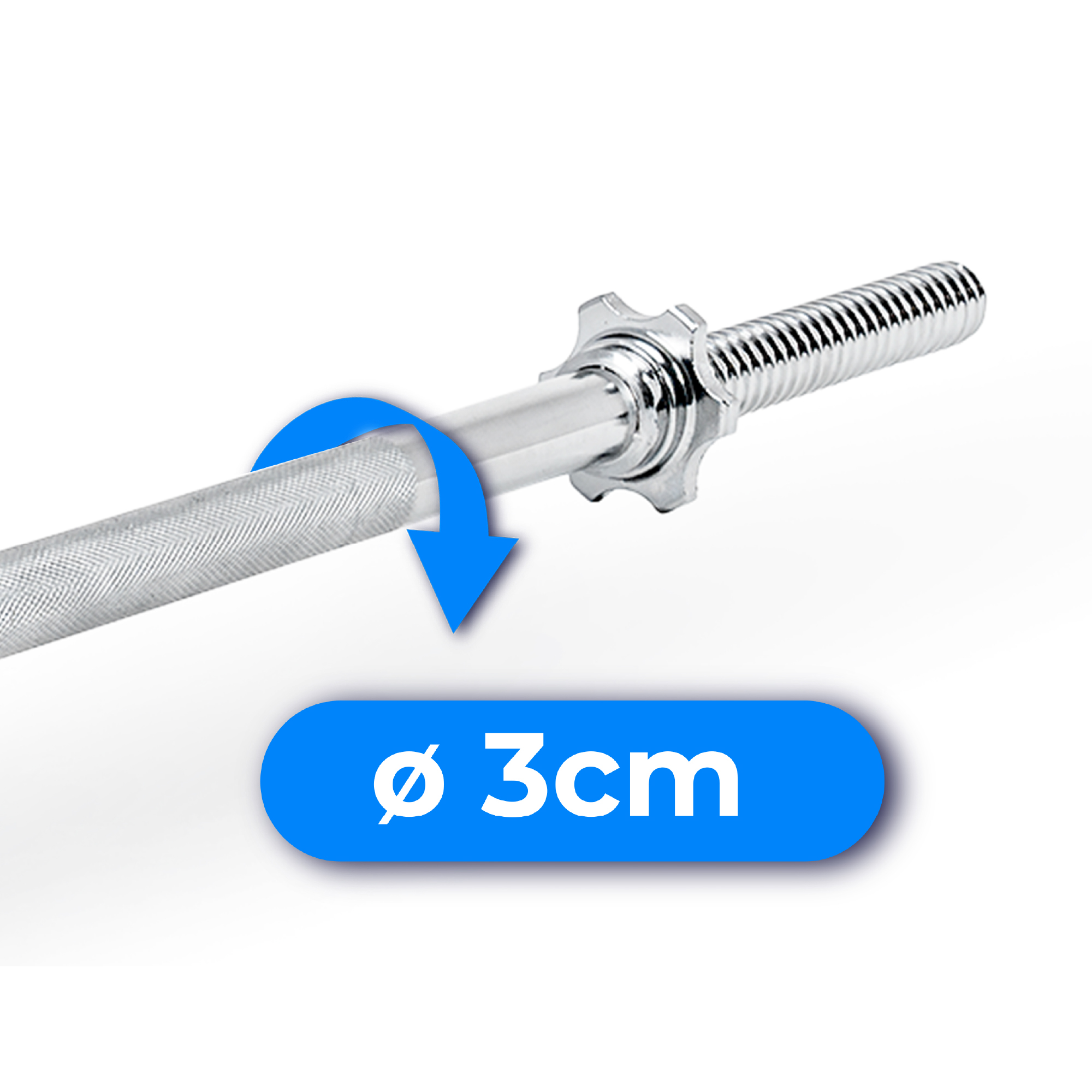 Błyszczący sztanga o średnicy 3 cm. Niebieska strzałka wskazuje na tekst średnicy.