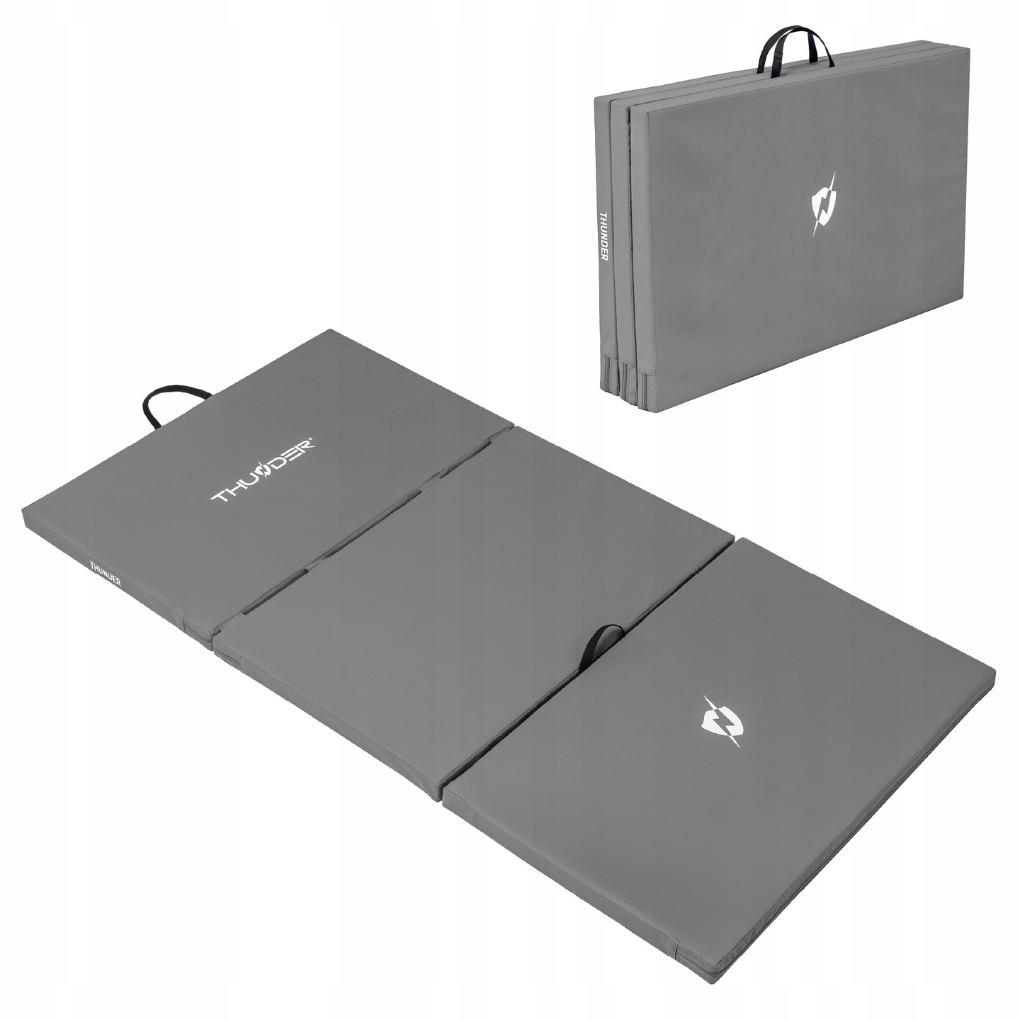 Szara, składana mata do ćwiczeń, częściowo rozłożona, z uchwytem i logo Thunder. Druga złożona mata w tle.