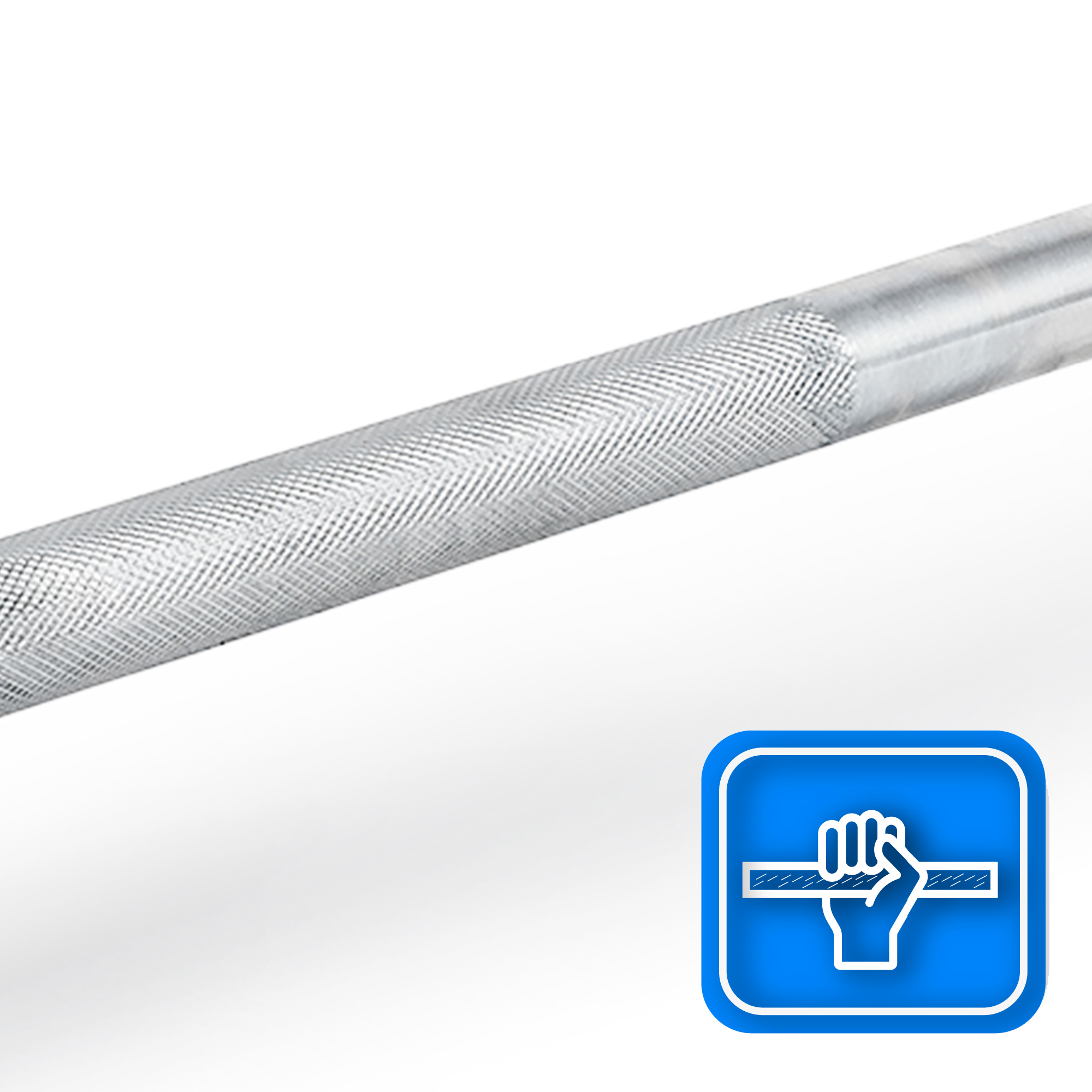 Metalowa sztanga z teksturowanym uchwytem. Niebieska ikona w rogu przedstawia dłoń chwytającą drążek.