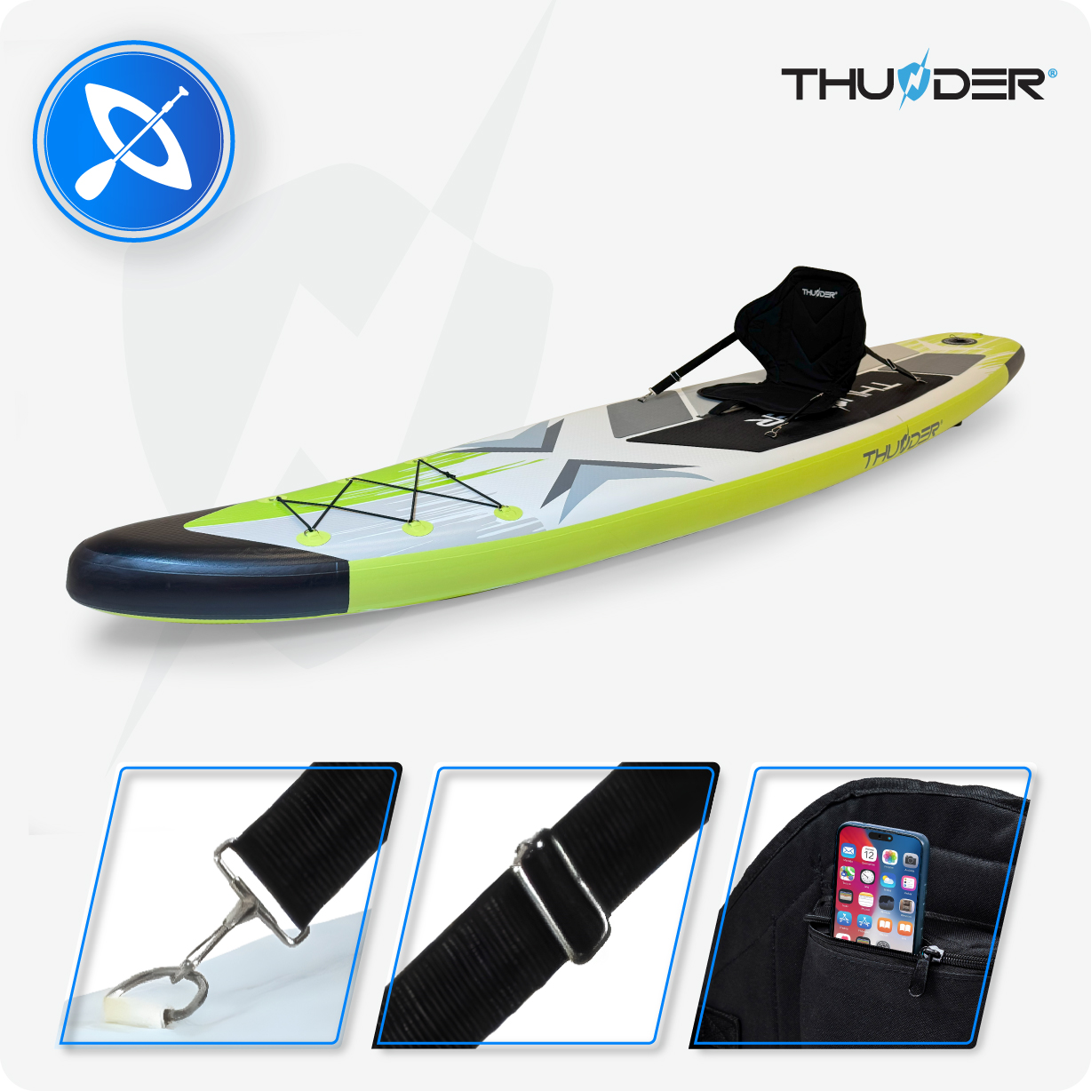 Deska do wiosłowania z siedziskiem. Deska ma kolory zielony, biały i czarny. Zawiera zbliżenia pasków i telefonu w kieszeni.