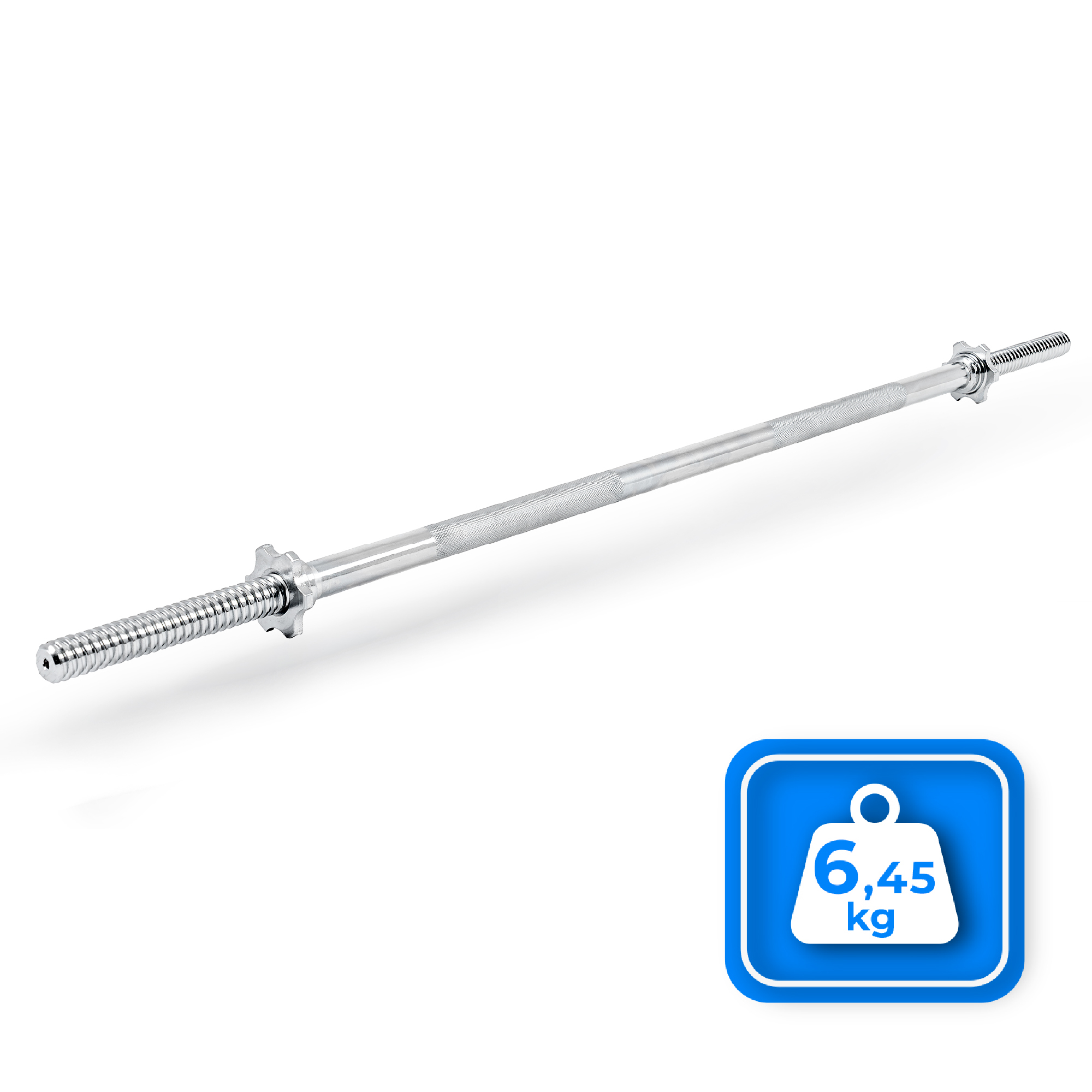 Błyszcząca sztanga na białej powierzchni. Niebieski znak wskazuje wagę: 6,45 kg.
