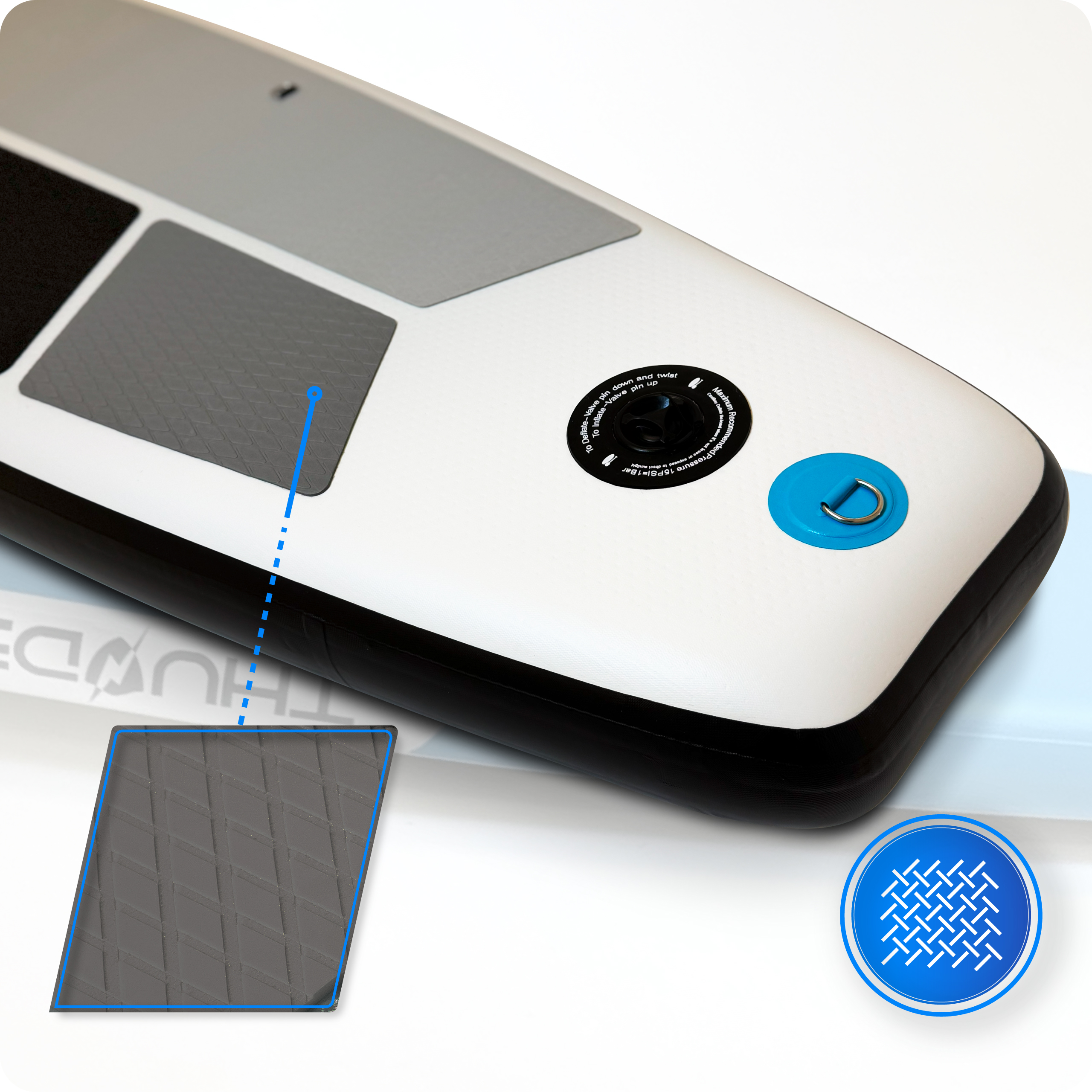 Biała deska SUP z szarymi i czarnymi sekcjami. Szczegóły: zawór, D-ring i teksturowana podkładka antypoślizgowa.