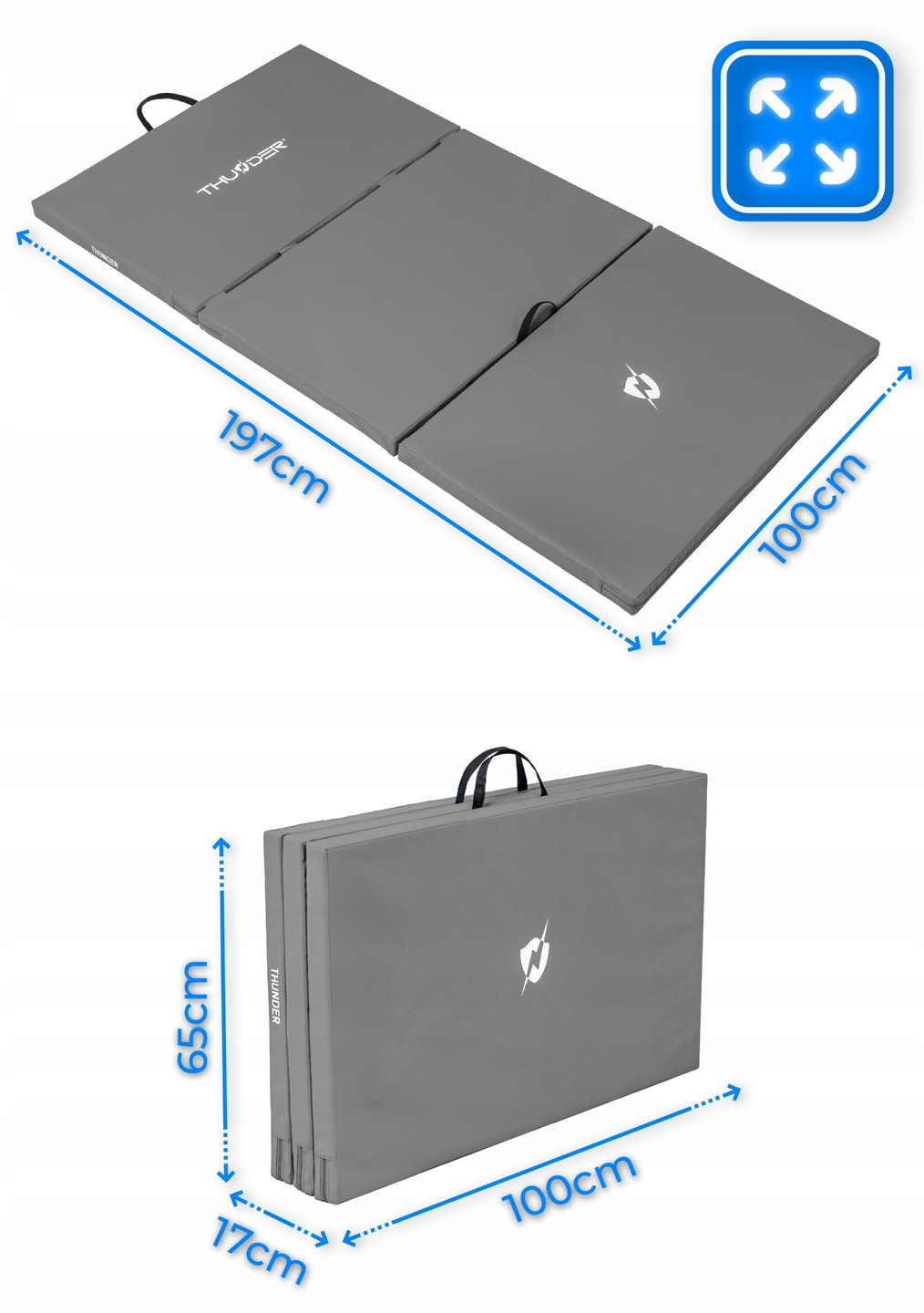 Szara składana mata, rozłożona i złożona, z wymiarami. Mata ma uchwyt i logo.