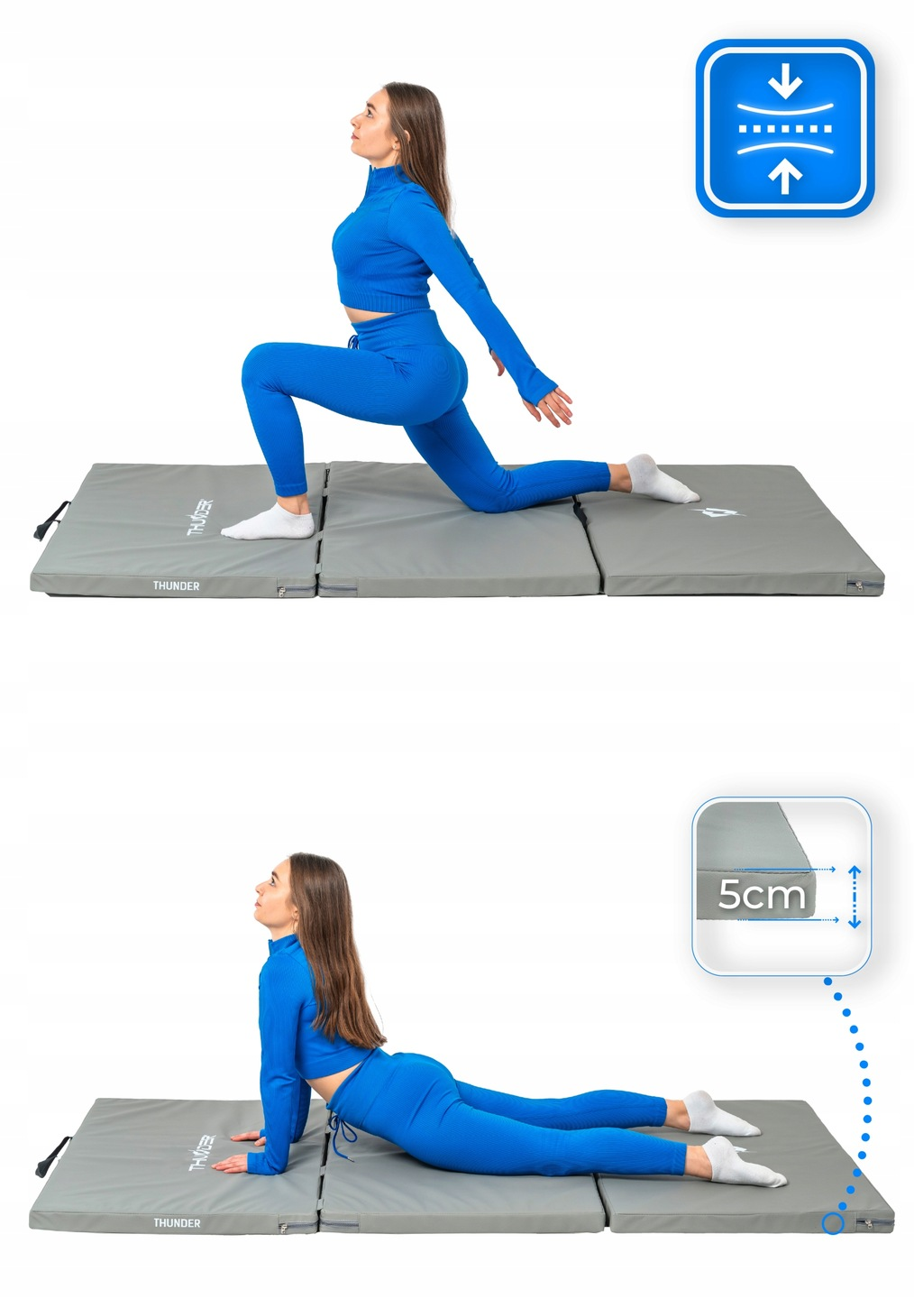 Kobieta w niebieskim stroju do ćwiczeń ćwiczy na szarej macie. Jest w wykroku na pierwszym zdjęciu i w pozycji kobra na drugim.