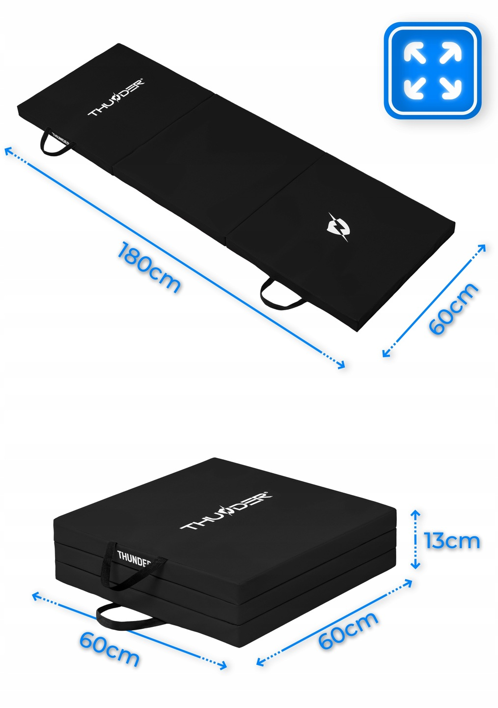 Czarna mata składana z etykietą 'THUNDER'. Wymiary: 180 cm x 60 cm po rozłożeniu, złożona 60x60x13 cm. Białe logo. Niebieskie strzałki i cyfry.
