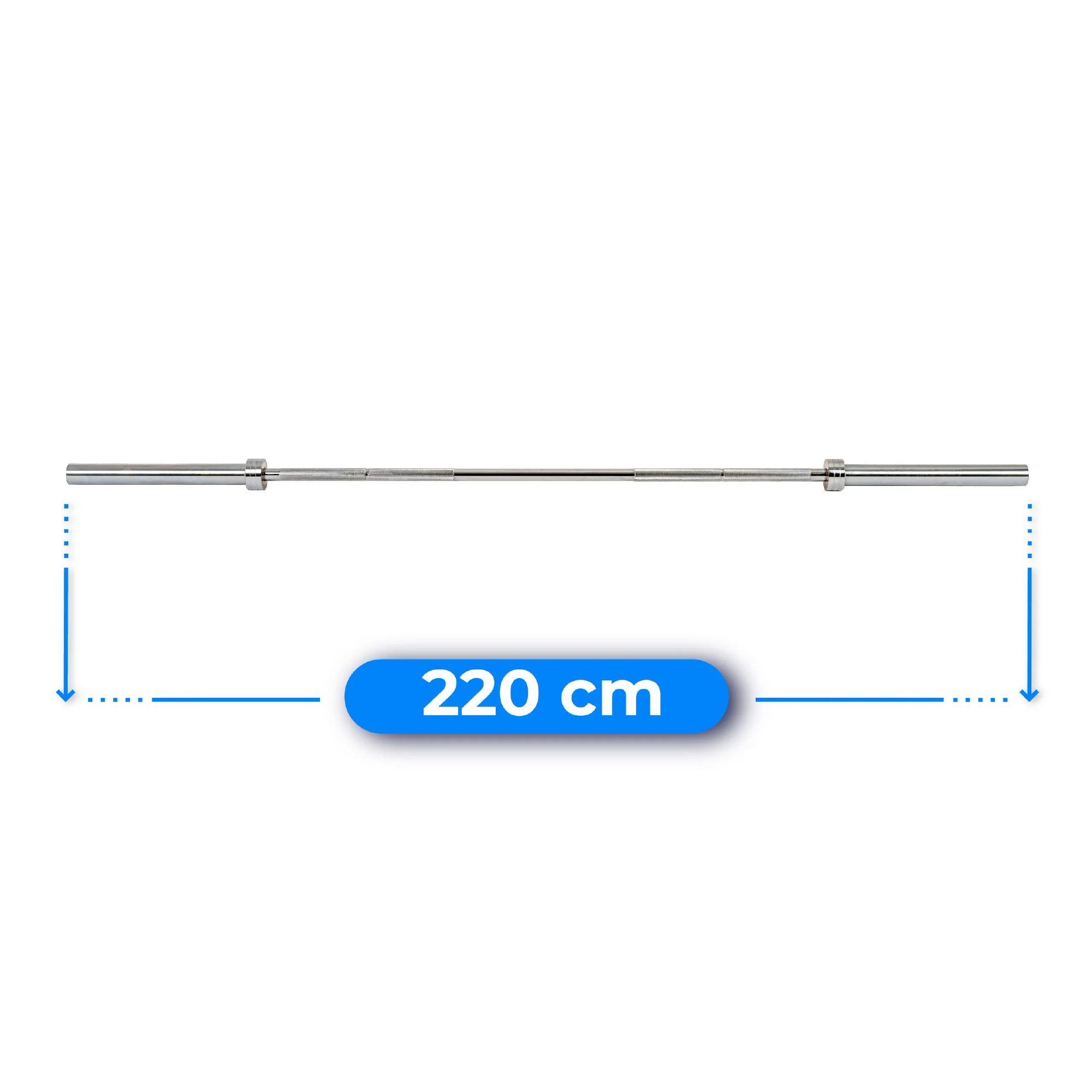 Srebrna sztanga jest wyśrodkowana. Niebieska etykieta poniżej mówi '220 cm'. Strzałki wskazują długość.