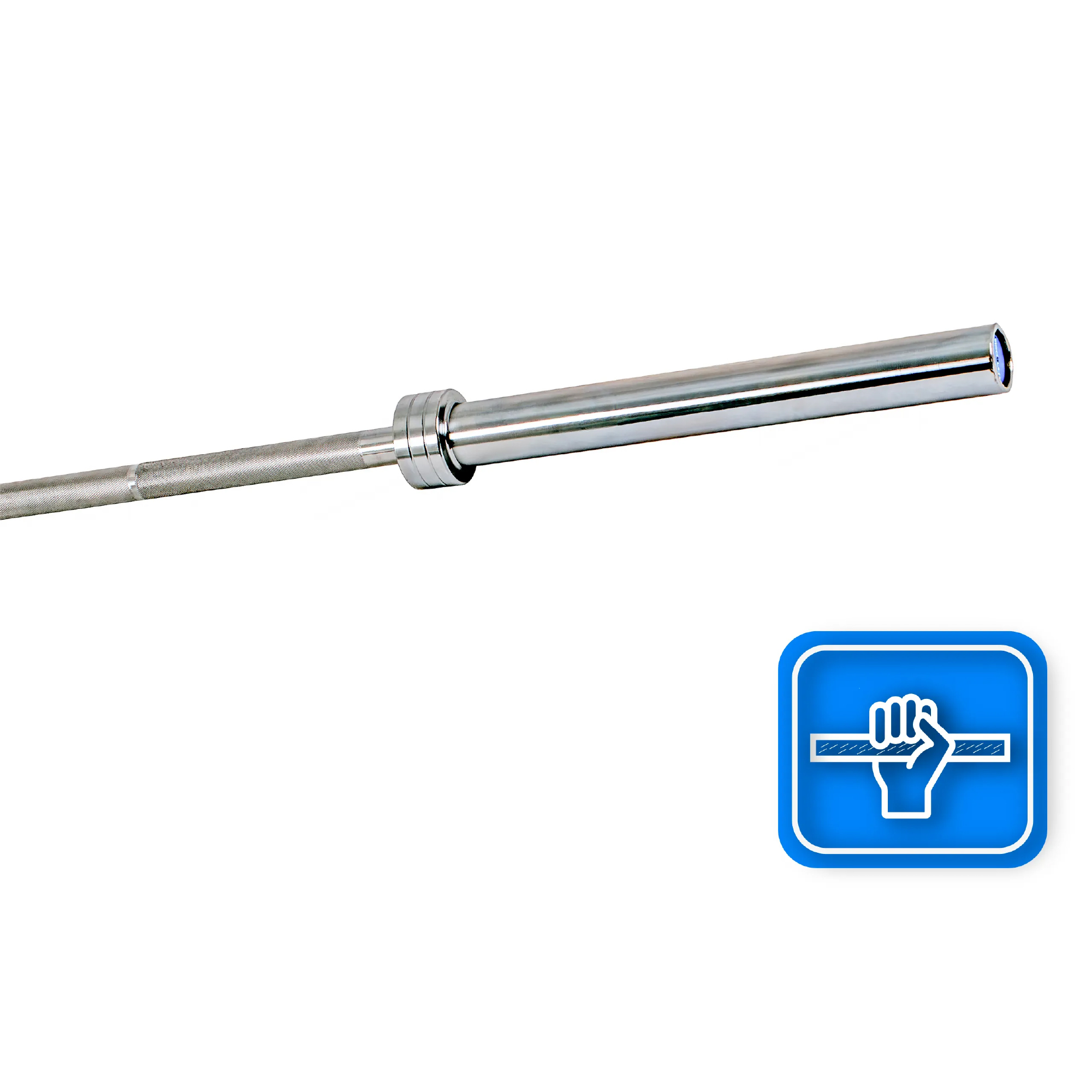 Błyszcząca sztanga na białym tle. Niebieski znak pokazuje dłoń trzymającą drążek.