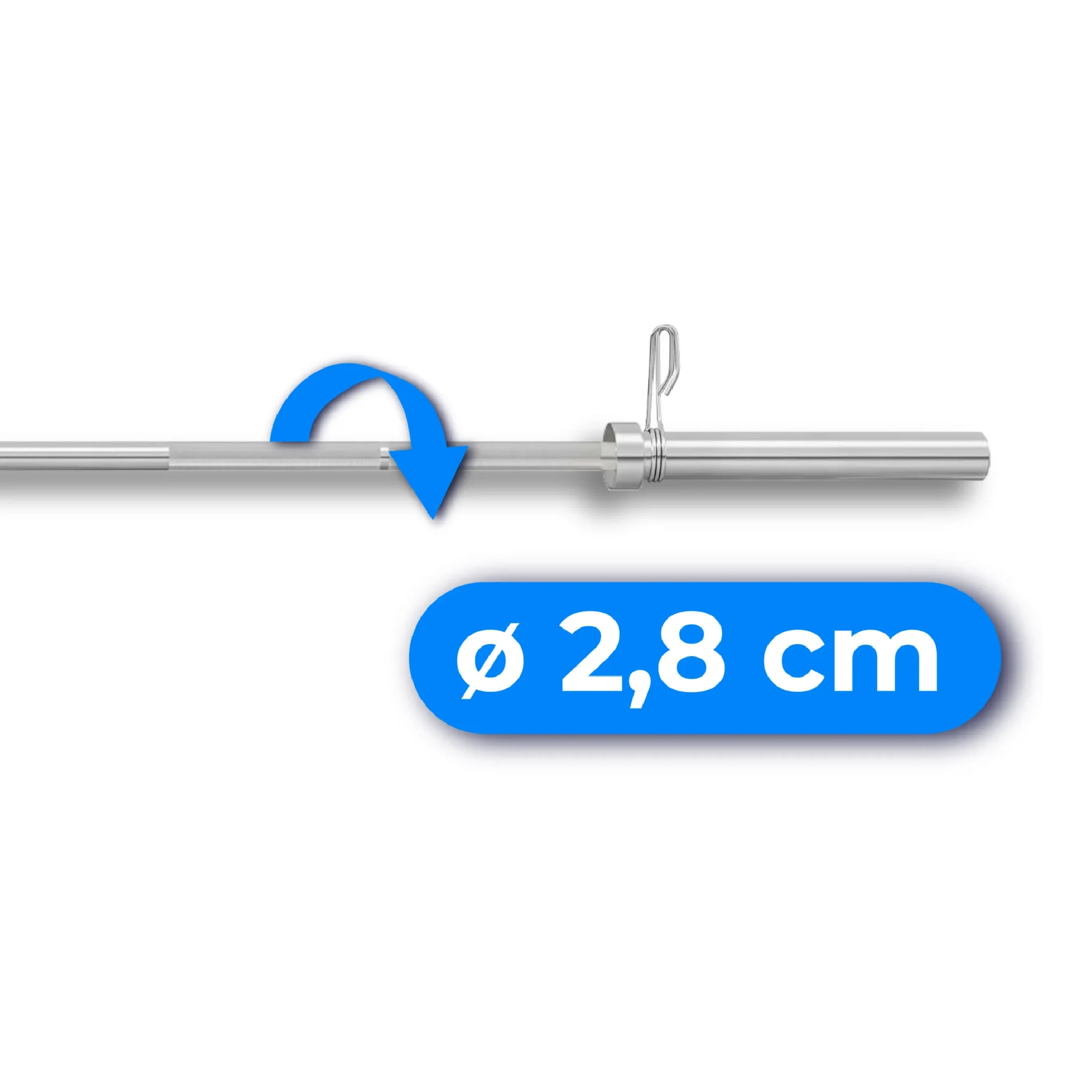 Sztanga z niebieską strzałką wskazującą obrót i niebieską etykietą z napisem "ø 2,8 cm".