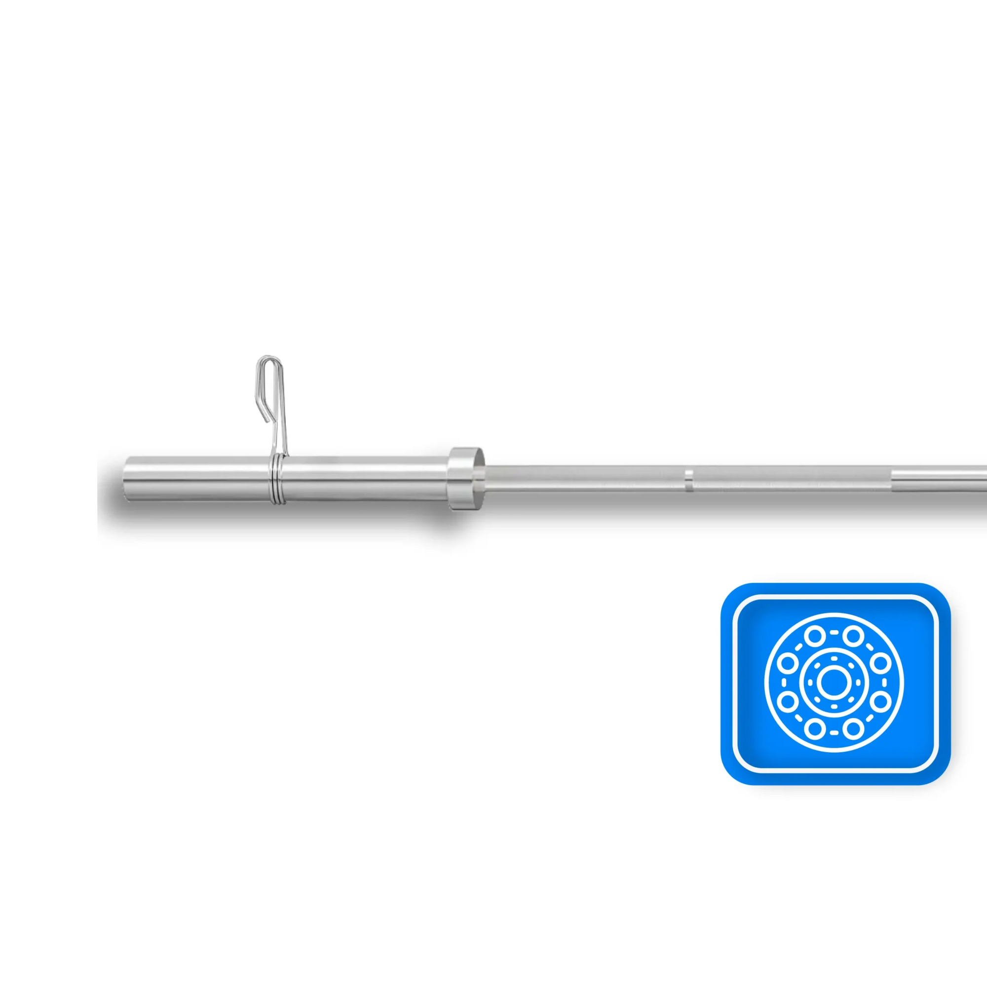 Błyszczący metalowy sztanga z klipsem. Niebieska ikona kwadratu przedstawia talerz obciążeniowy. Tło jest białe.