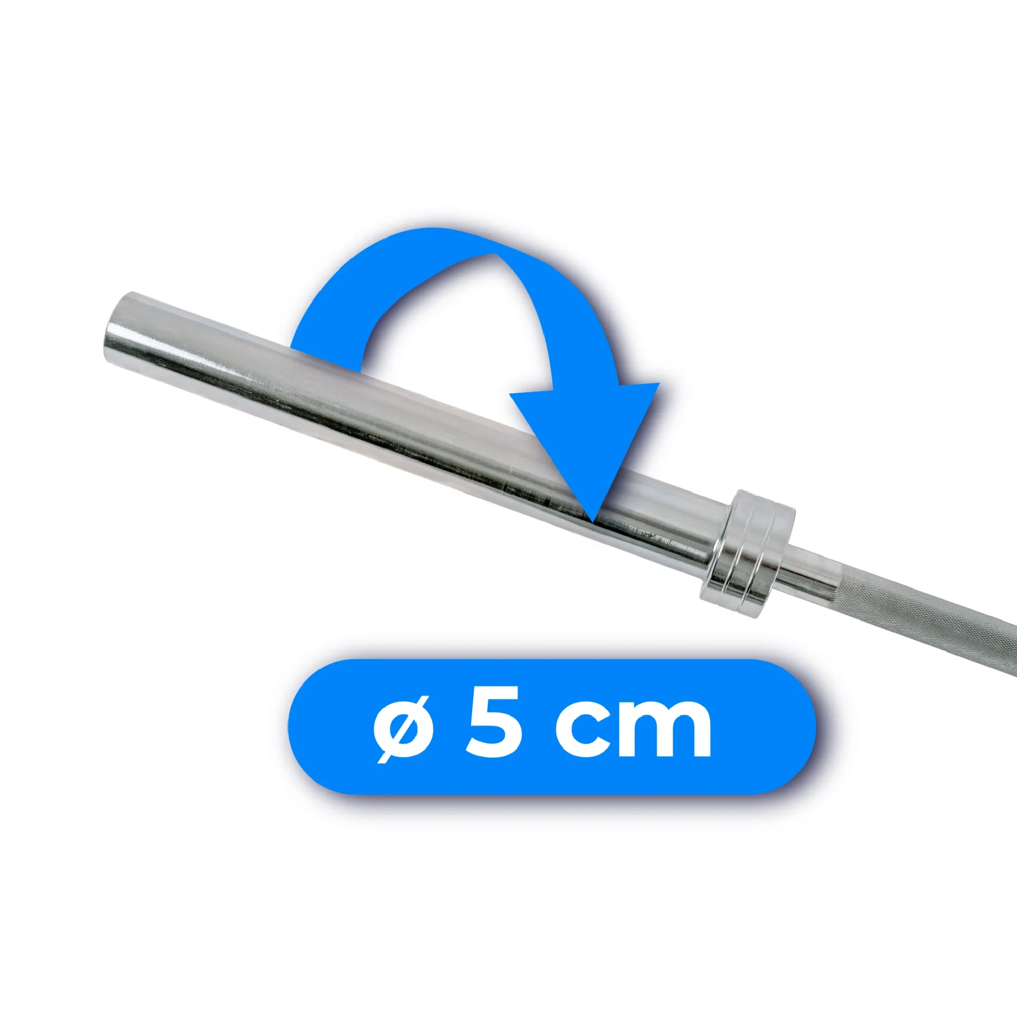 Sztanga z niebieską strzałką wskazującą obrót. Niebieska etykieta wskazuje średnicę 5 cm.