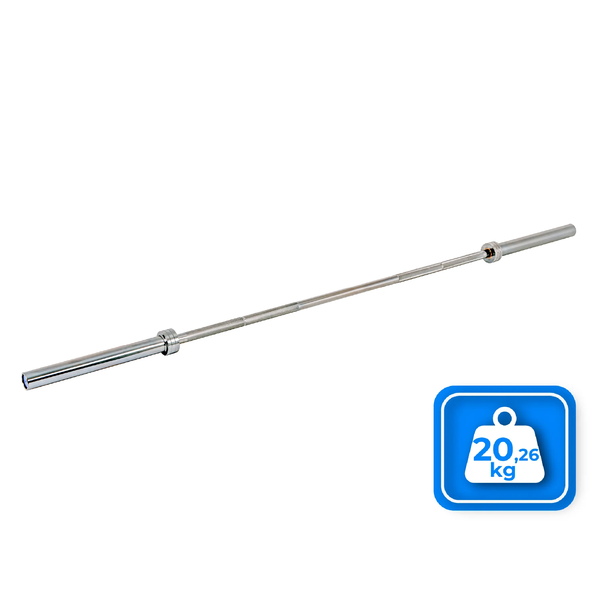 Chromowany sztanga poziomo na białym tle. Niebieski znak wskazuje wagę: 20,26 kg.