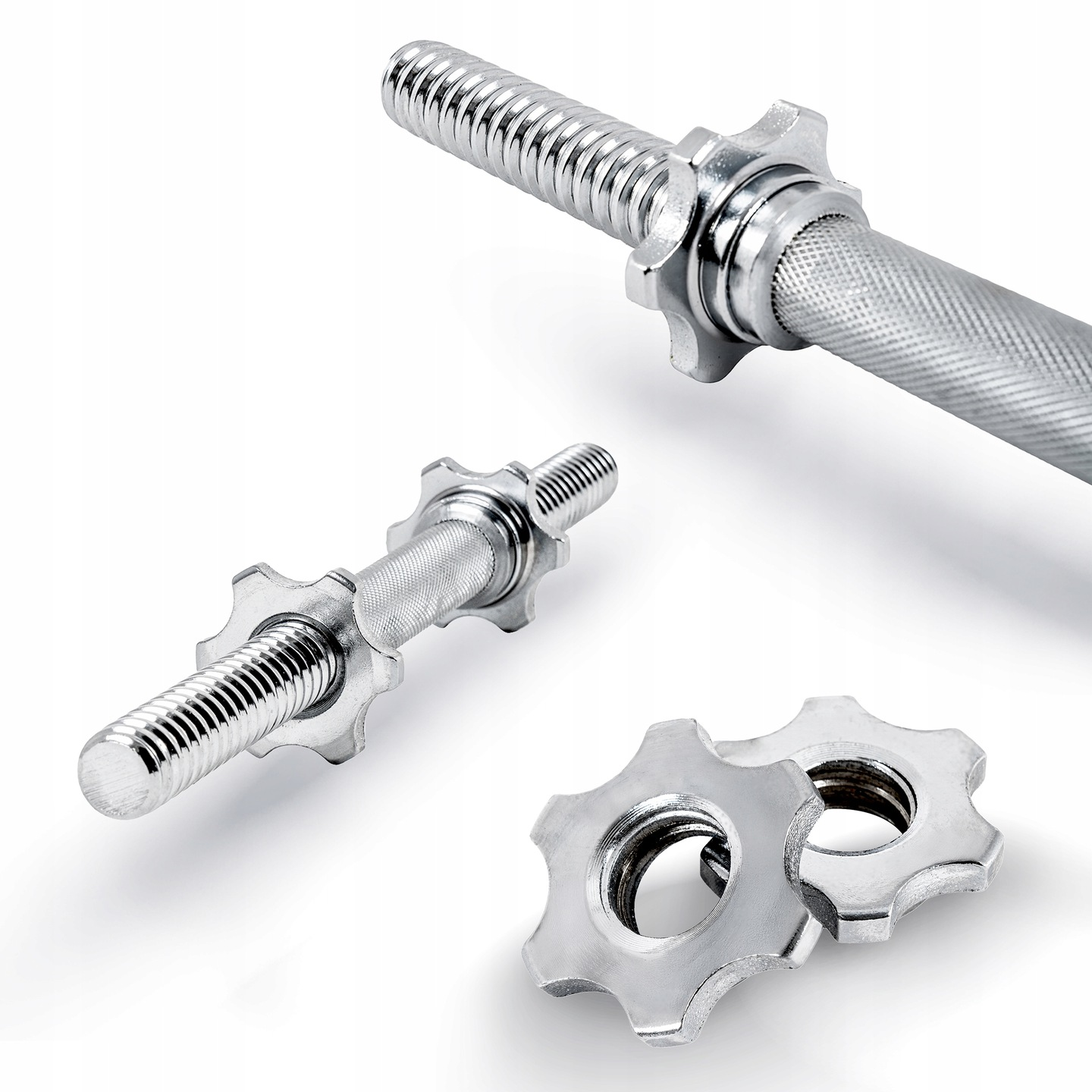 Kilka chromowanych części hantli na białej powierzchni. Zawiera drążek, mniejsze drążki i dwie kołnierze blokujące w kształcie gwiazdy.