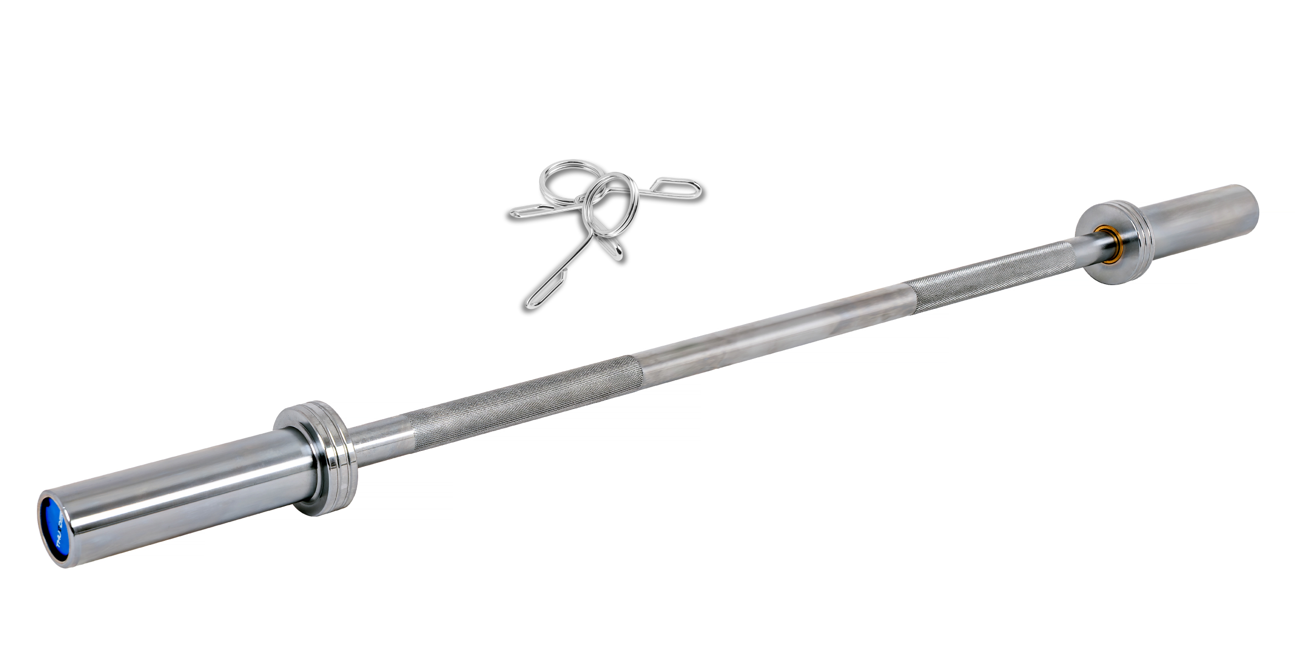 Srebrny sztangiel z teksturowanym uchwytem i dwoma klipsami zabezpieczającymi na białym tle.