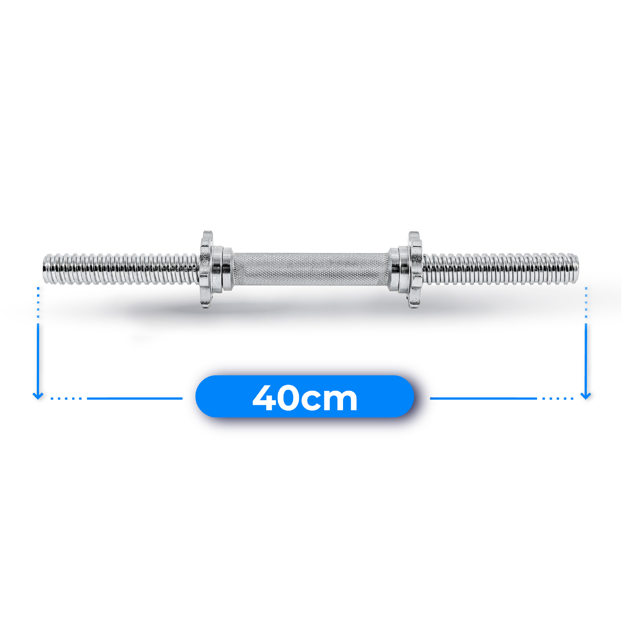 40 cm sztanga na białym tle. Jest srebrna z teksturowanymi uchwytami i zaślepkami. Niebieska linia wskazuje długość.