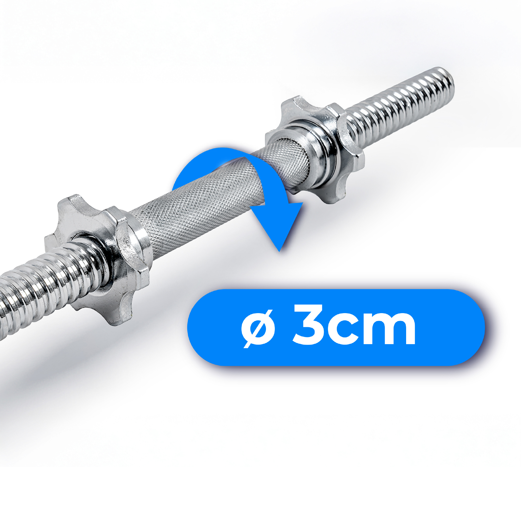Srebrna sztanga z teksturowanym uchwytem, niebieska strzałka i niebieski owal z napisem "ø 3cm".