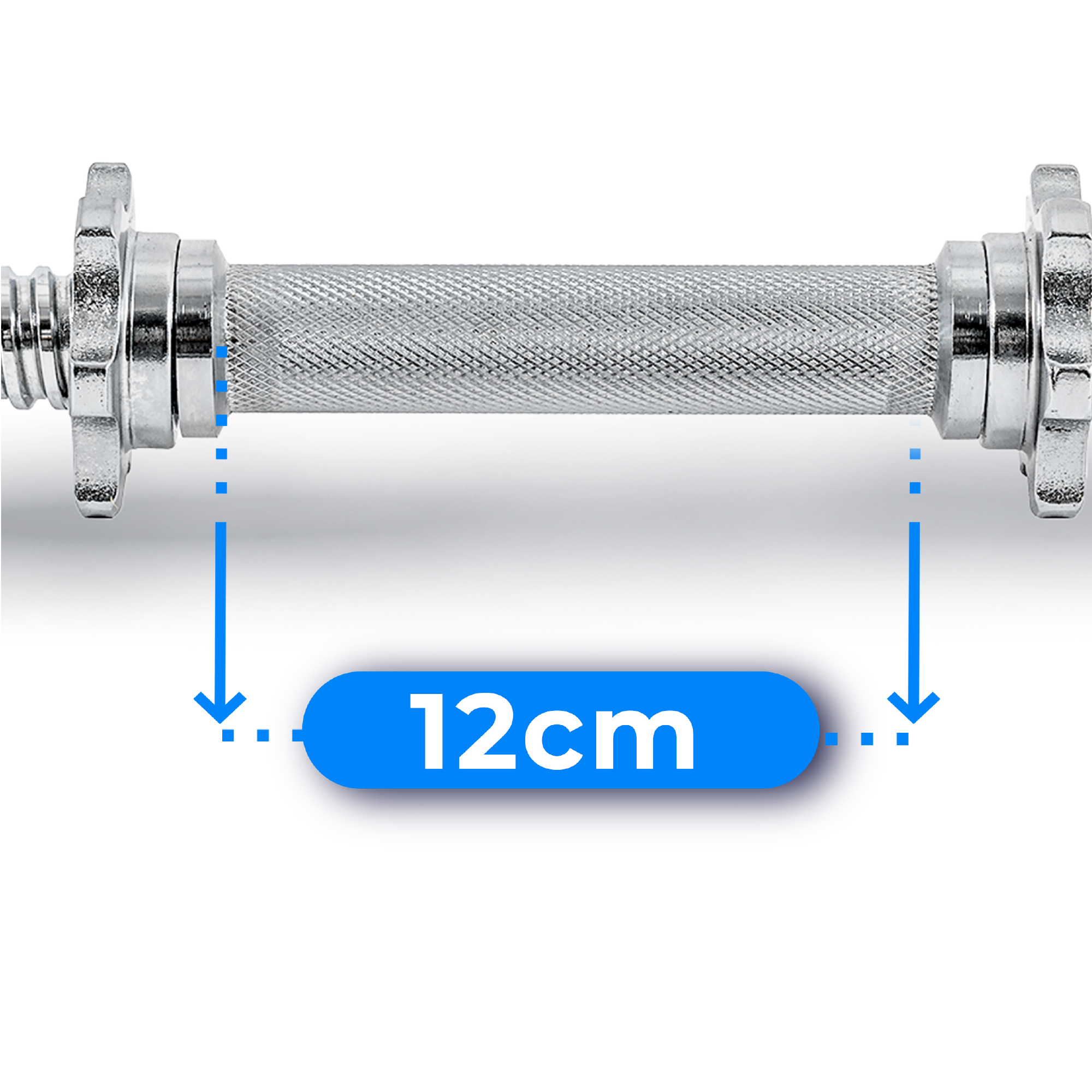 Zbliżenie pokazuje srebrny drążek do hantli z radełkowanym uchwytem. Niebieska etykieta poniżej głosi '12cm', ze strzałkami.