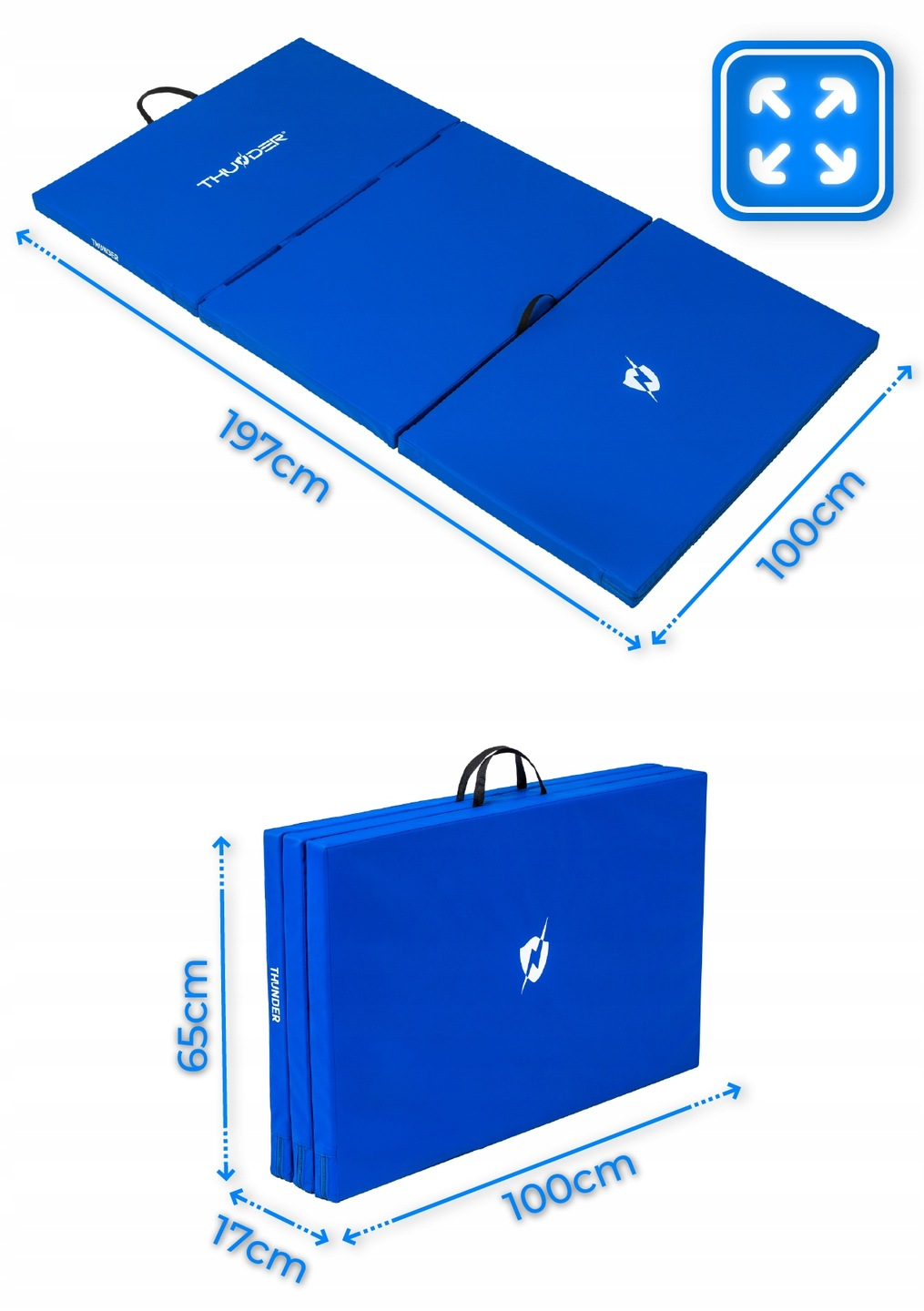 Niebieska mata składana, rozłożona i złożona. Wymiary są pokazane. Białe logo na macie. Uchwyt do przenoszenia.