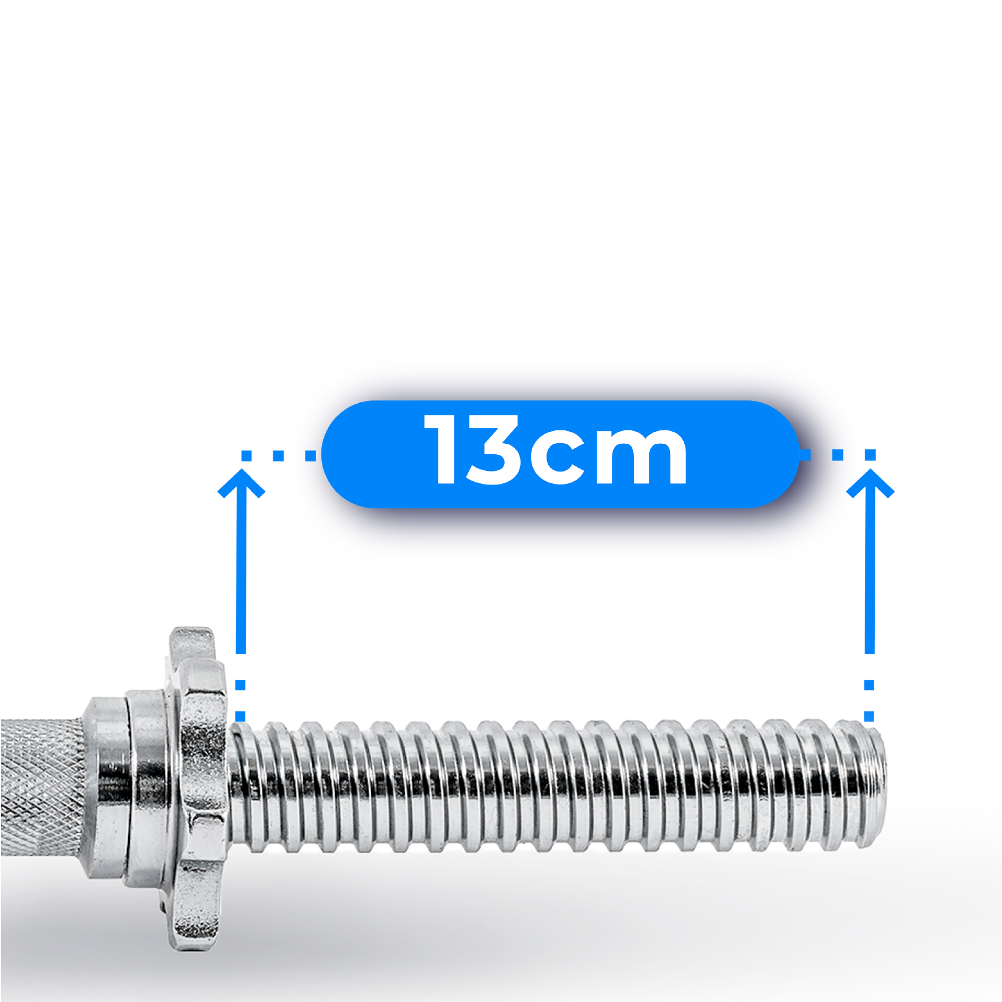 Zbliżenie metalowej sztangi z niebieską etykietą wskazującą 13 cm. Strzałki wskazują obszar pomiaru.