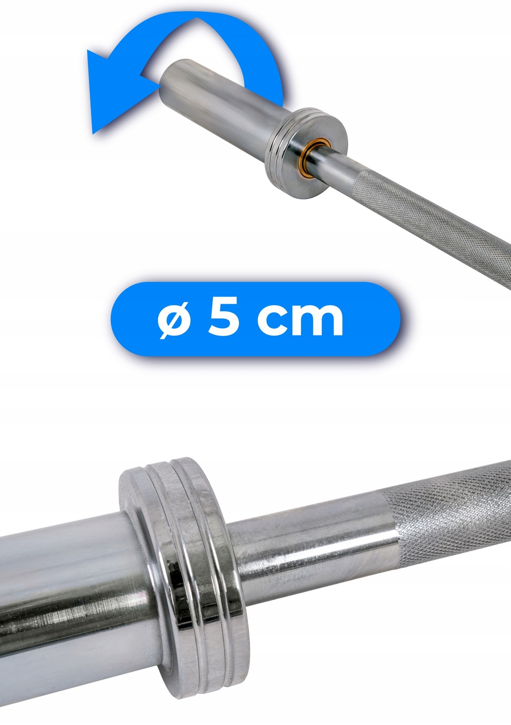 Chromowany sztanga z niebieską strzałką wskazującą obrót. Niebieski owal wyświetla 'ø 5 cm'. Drążek ma teksturę.