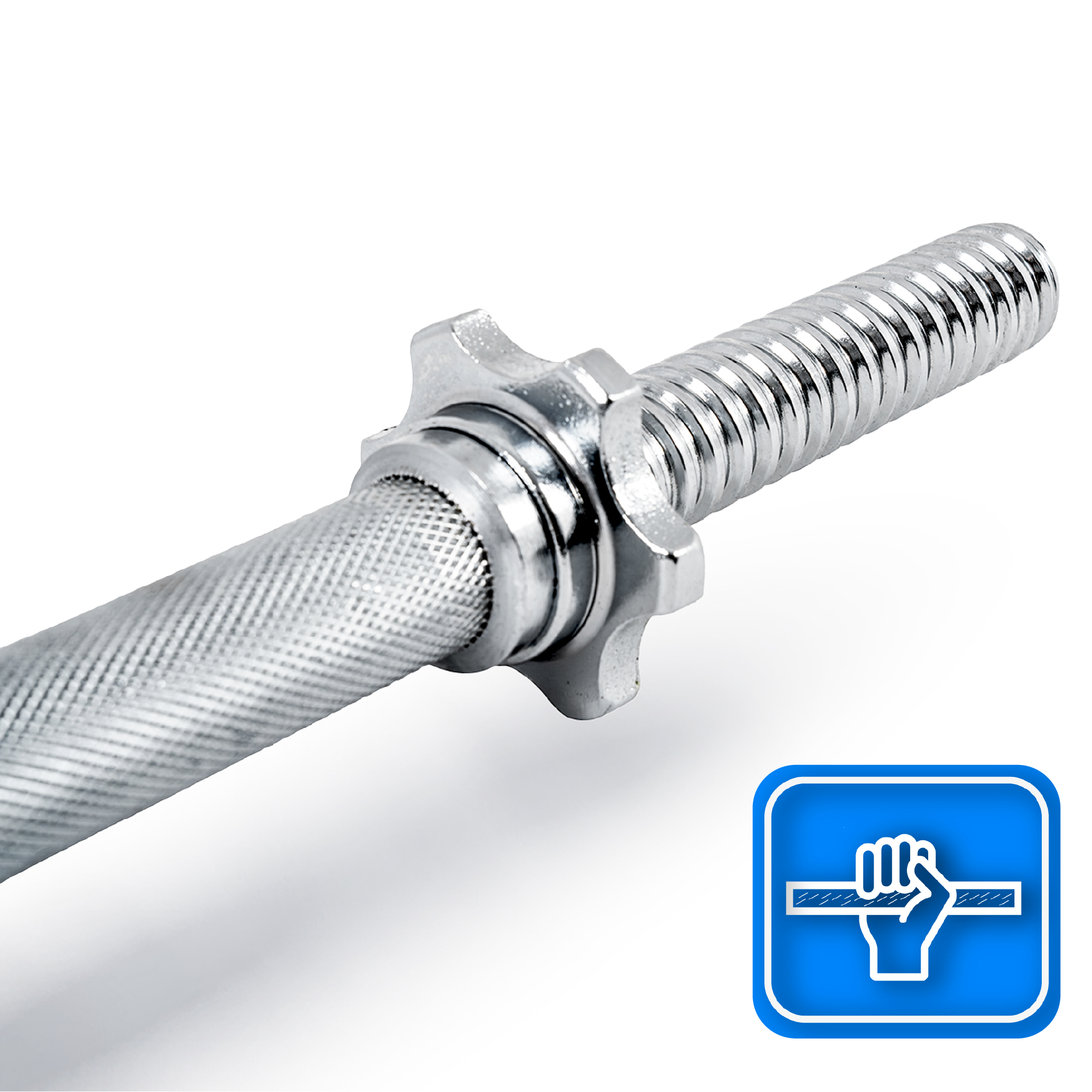 Chromowany drążek do hantli. Ma teksturowany uchwyt, gwintowane końce i kołnierz w kształcie gwiazdy. Niebieska ikona przedstawia dłoń trzymającą drążek.