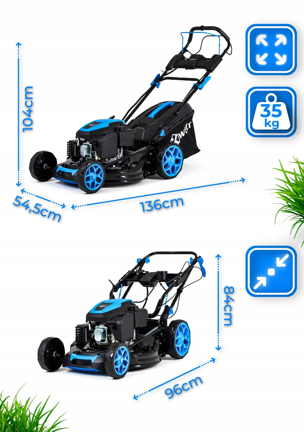 Czarno-niebieska kosiarka do trawy z wymiarami. Ma 136 cm długości i 104 cm wysokości. Waga wynosi 35 kg.