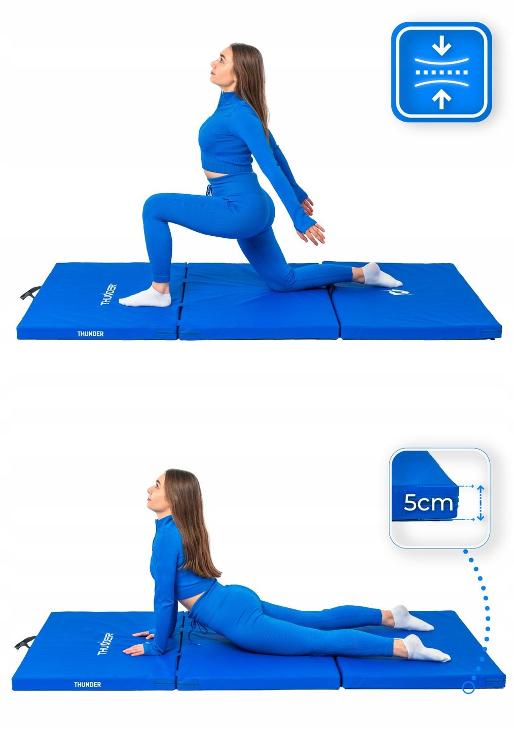Kobieta w niebieskim stroju gimnastycznym na niebieskiej macie. Wykonuje pozycje jogi. Z boku znajdują się 2 ikony pokazujące grubość maty.