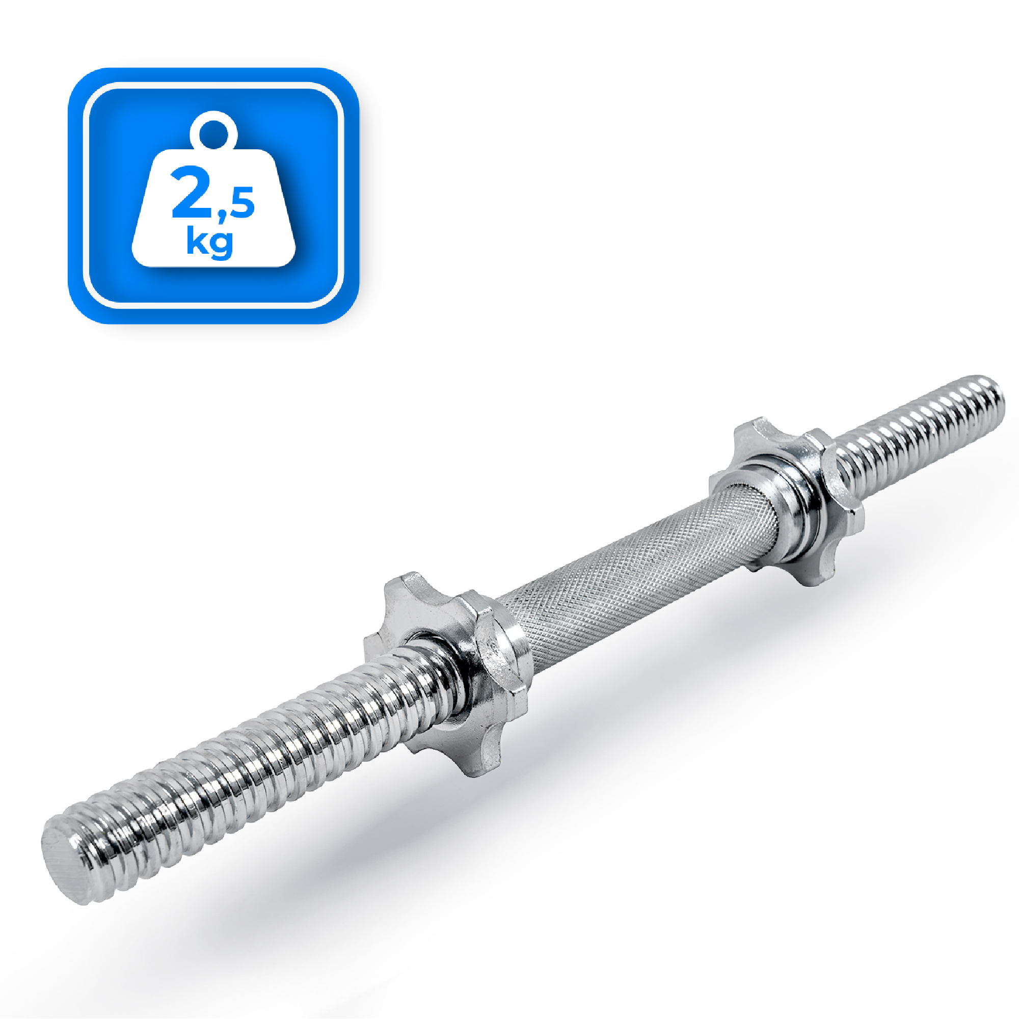 Srebrny drążek do hantli leży po przekątnej. Niebieski znak z wagą 2,5 kg jest w lewym górnym rogu.