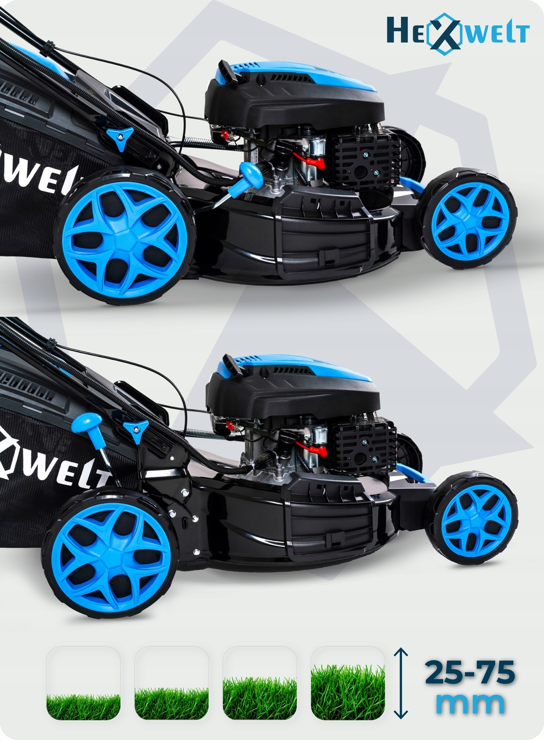 Czarna kosiarka z niebieskimi akcentami. Posiada kosz na trawę i niebieskie koła. Marka to Hexwelt.