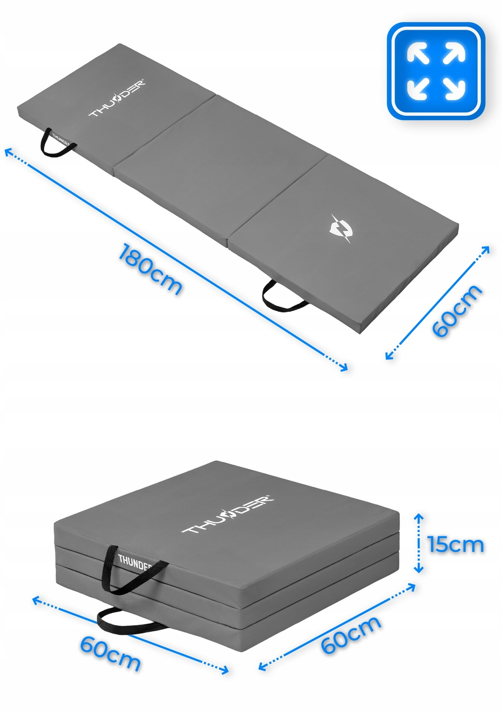 Szara składana mata z czarnymi uchwytami. Wymiary: 180cm x 60cm po rozłożeniu i 60x60x15cm po złożeniu. Marka to Thunder.