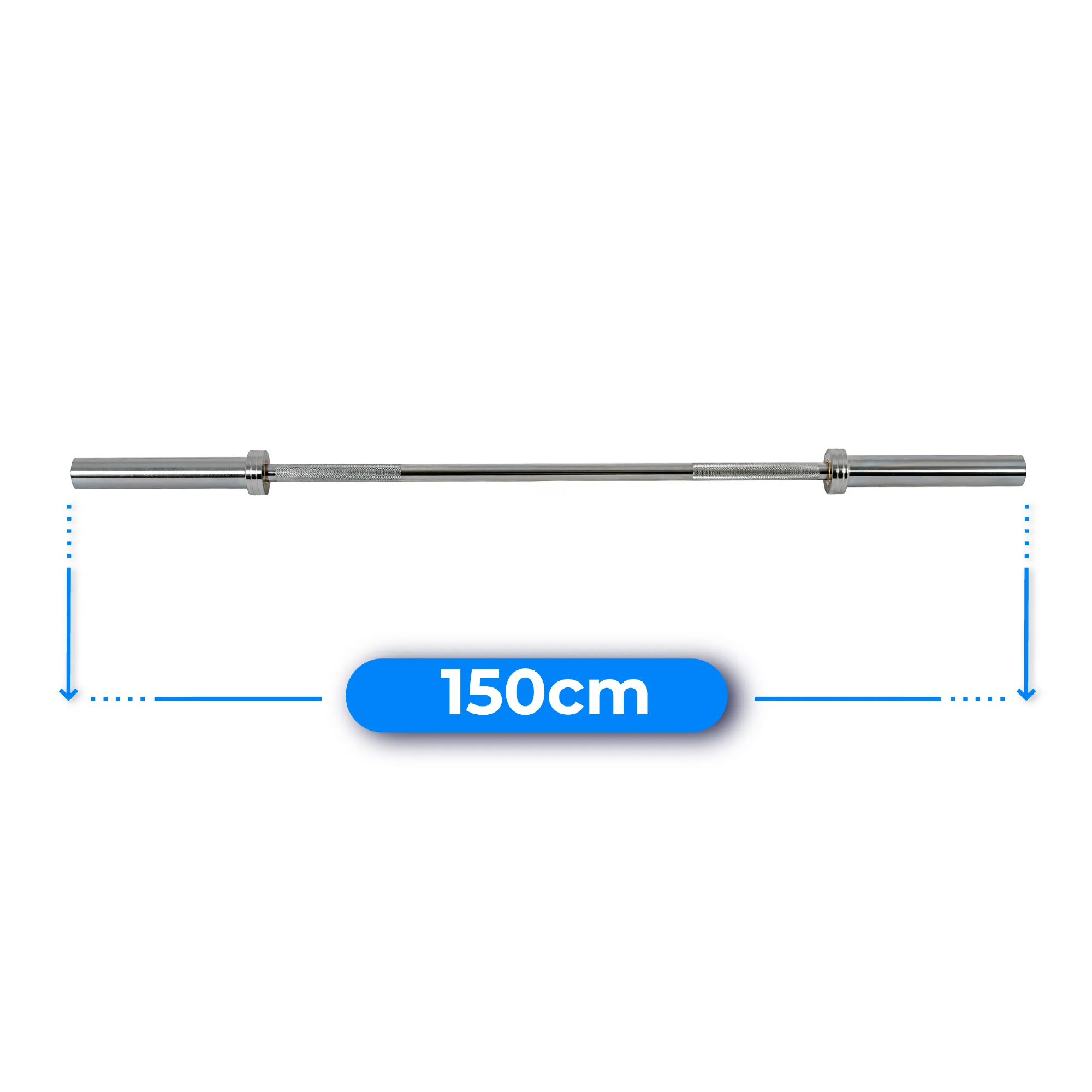 Sztanga 150 cm na białym tle. Niebieskie linie i prostokąt wskazują długość.