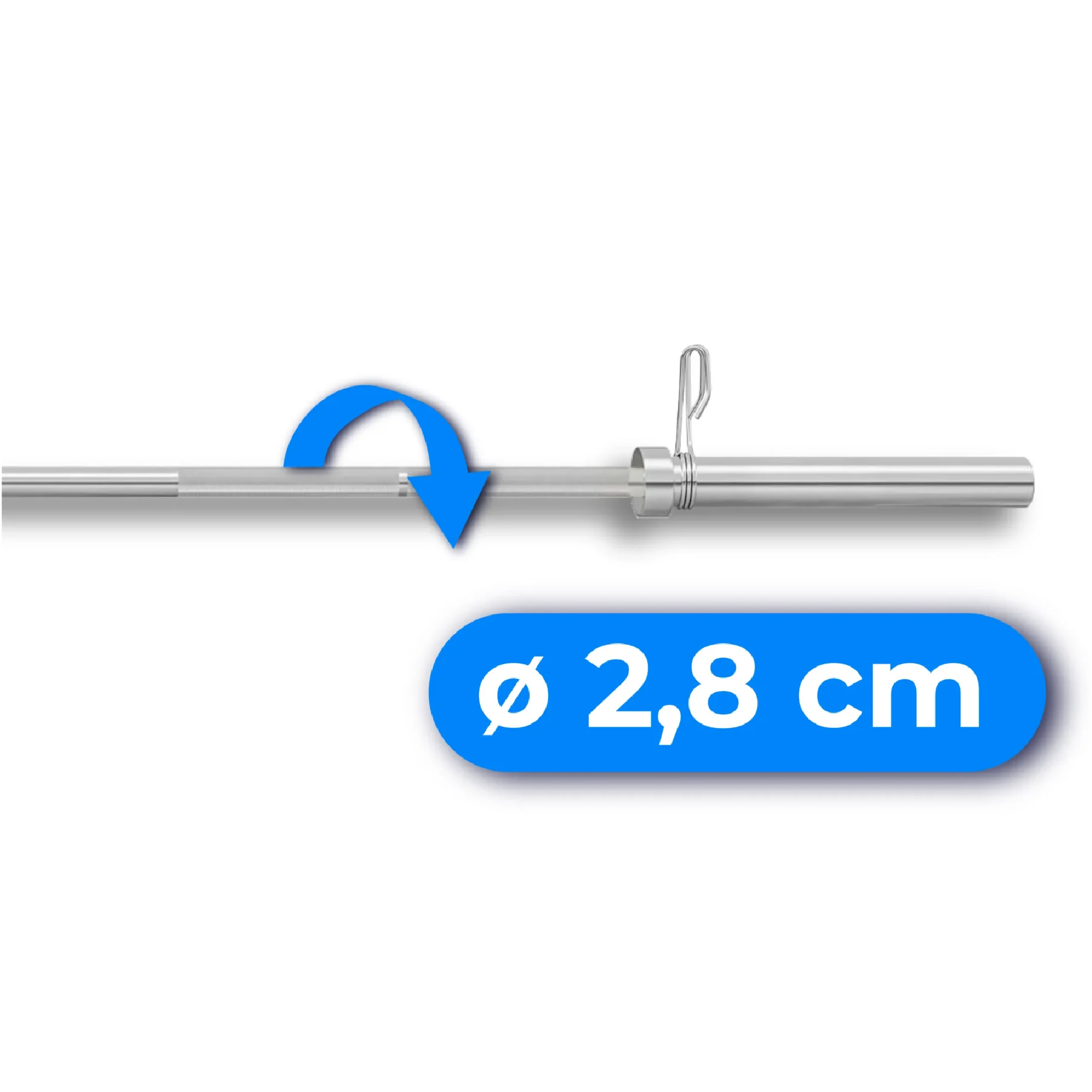 Srebrny sztanga z niebieską strzałką. Średnica wynosi 2,8 cm, wskazana przez niebieską owalną etykietę.