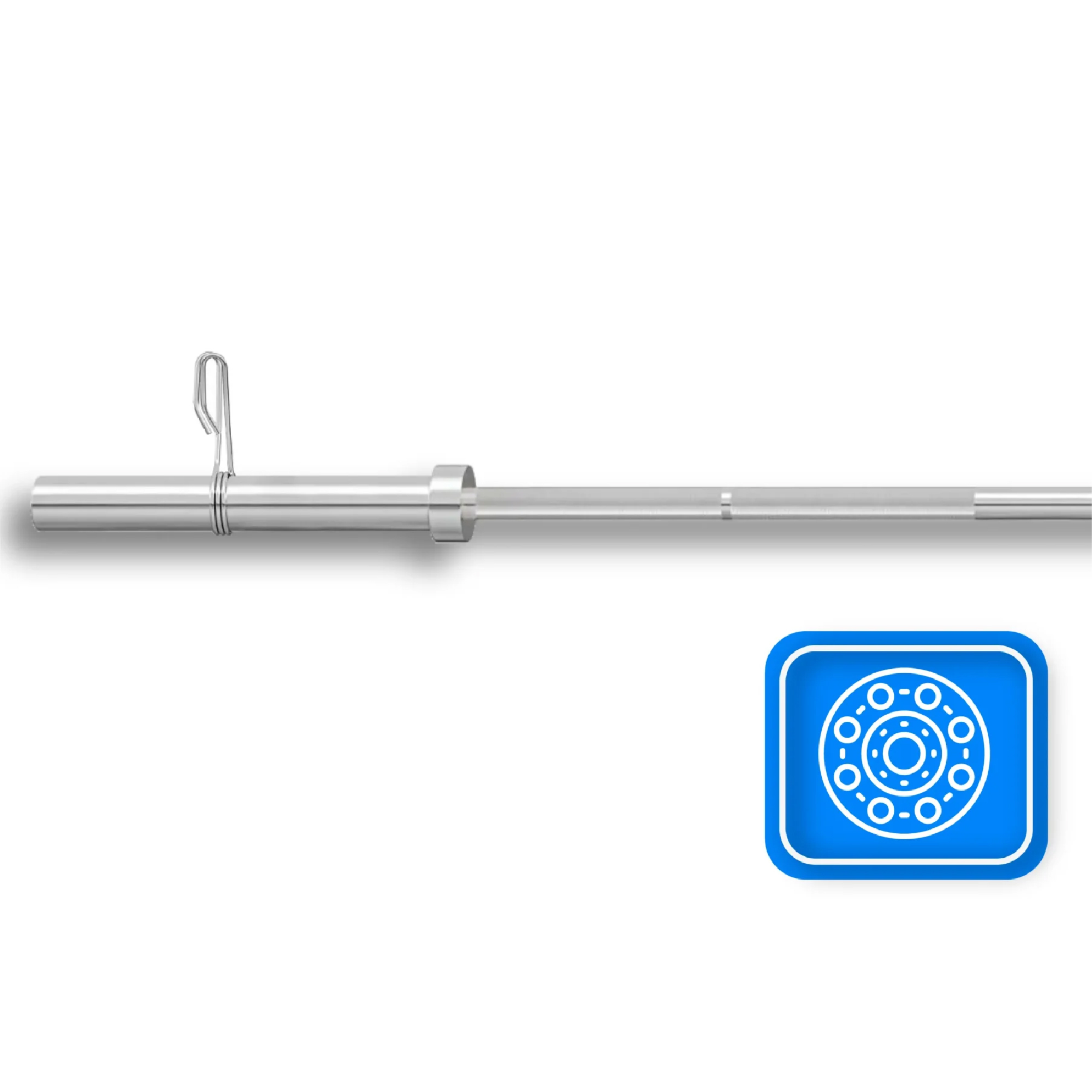 Srebrny sztanga z niebieską ikoną talerza obciążeniowego. Sztanga ma klips i pierścień.