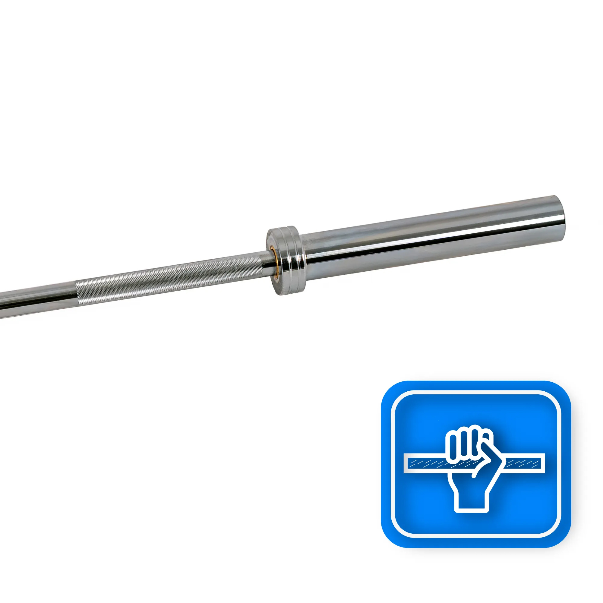 Srebrna sztanga na białym tle. Niebieski kwadrat z dłonią trzymającą sztangę w rogu.