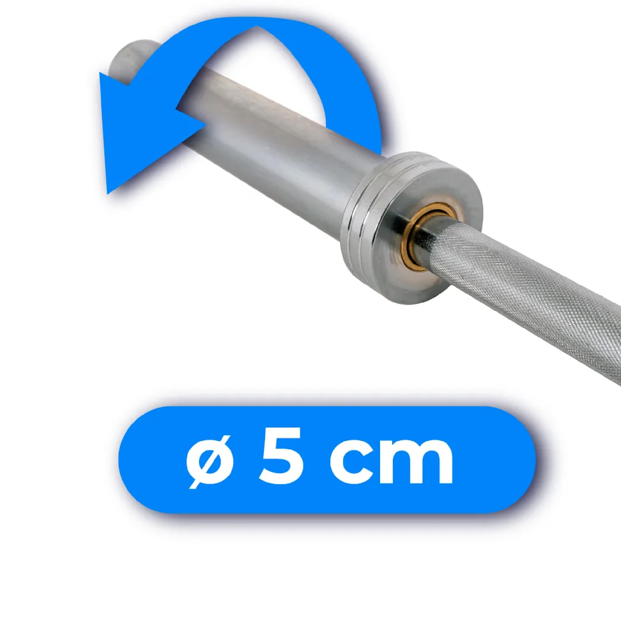 Sztanga z niebieską strzałką wskazującą obrót. Niebieski owal pokazuje, że średnica wynosi 5 cm.