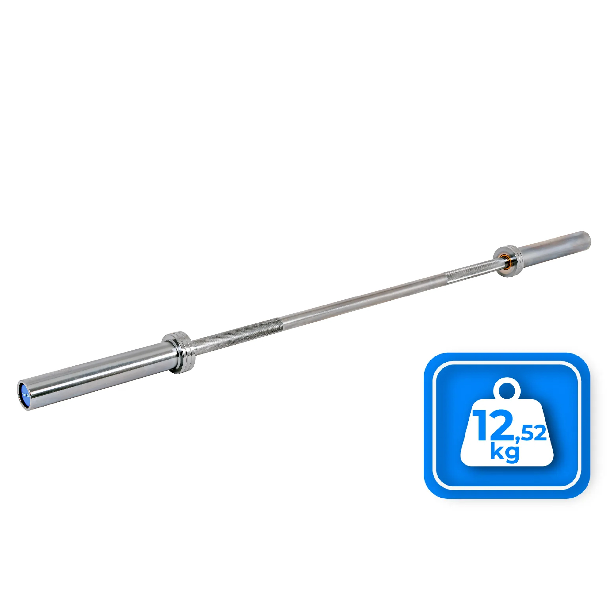 Chromowany sztanga, waga 12,52 kg, na białym tle. Niebieskie zaślepki i niebiesko-biała ikona wagi.