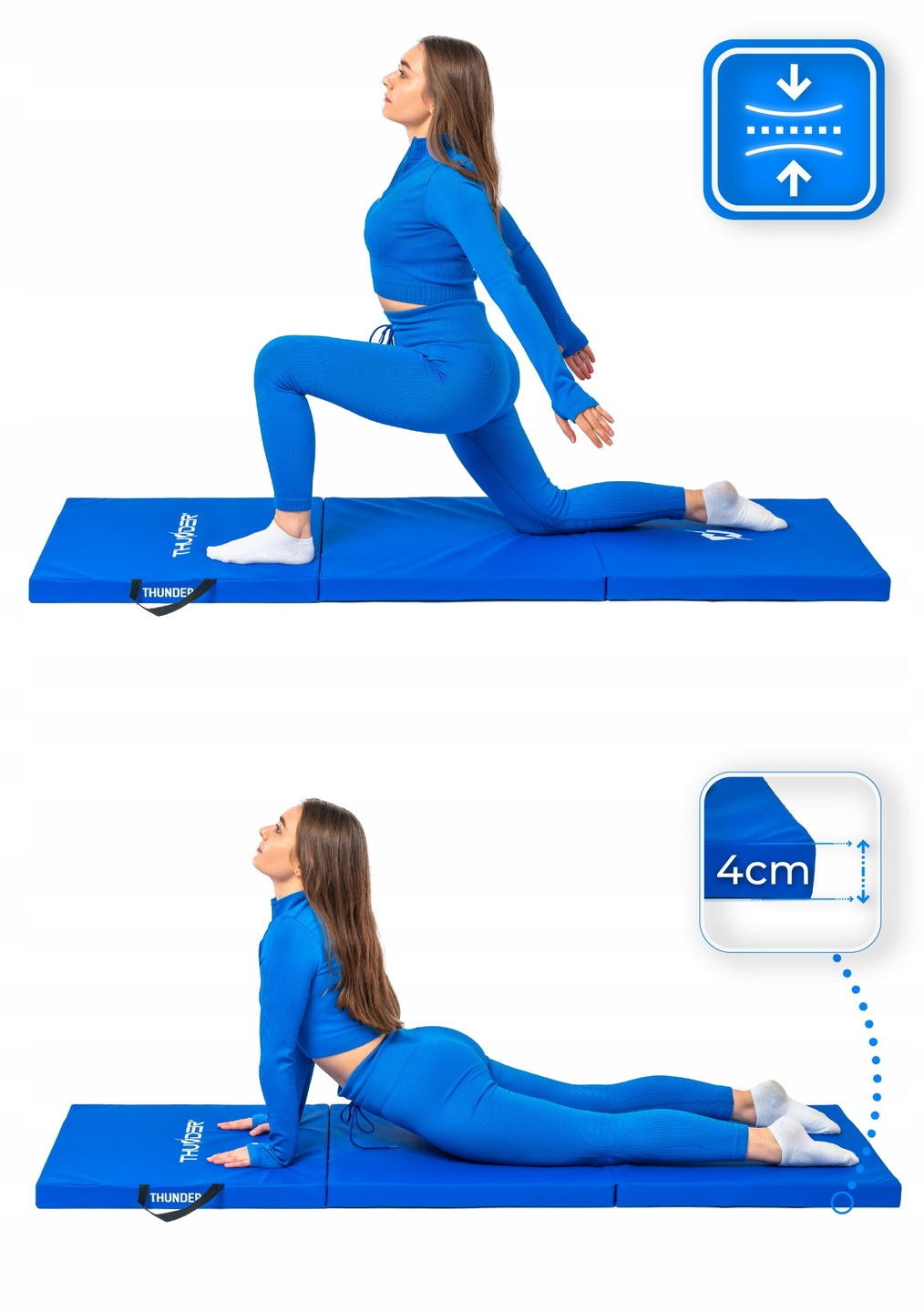 Kobieta w niebieskim stroju sportowym ćwiczy jogę na niebieskiej macie. Na jednym zdjęciu jest w wykroku, na drugim w pozycji kobra.