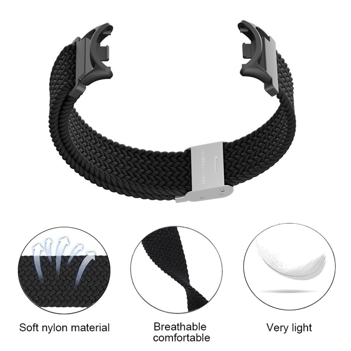 Czarny pleciony pasek do zegarka ze sprzączką ze stali nierdzewnej. Trzy mniejsze zdjęcia pokazują szczegóły: materiał nylonowy, oddychający i bardzo lekki.