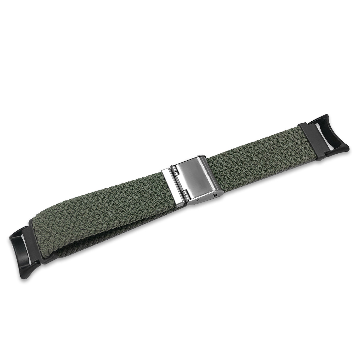 Ein olivgrünes Uhrenarmband mit silberner Schnalle und schwarzen Verbindern vor weißem Hintergrund.