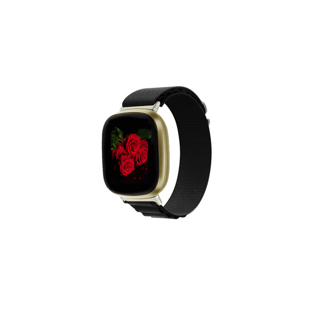 Un reloj inteligente con caja dorada y correa negra. La esfera muestra rosas rojas. Fondo blanco.