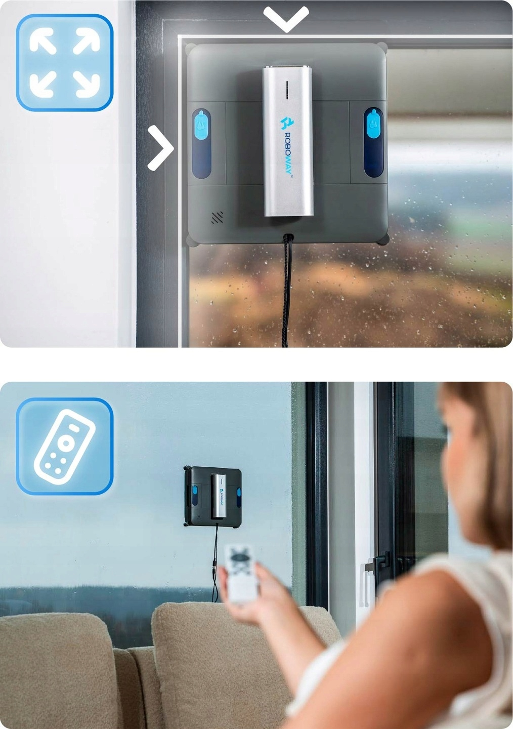 Robot do czyszczenia okien na oknie, z pilotem w dłoni. Scena jest w pomieszczeniu.