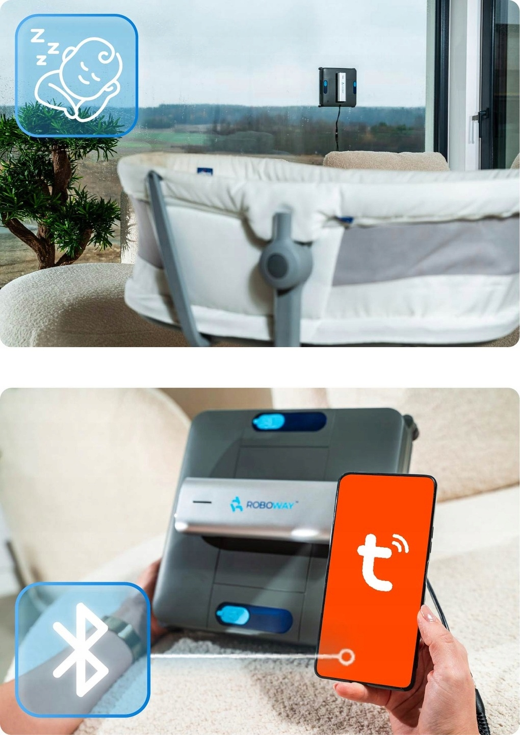 Kołyska dla dziecka w pobliżu okna z myjką do okien i telefonem pokazującym aplikację. Scena obejmuje dziecko i myjkę do okien.