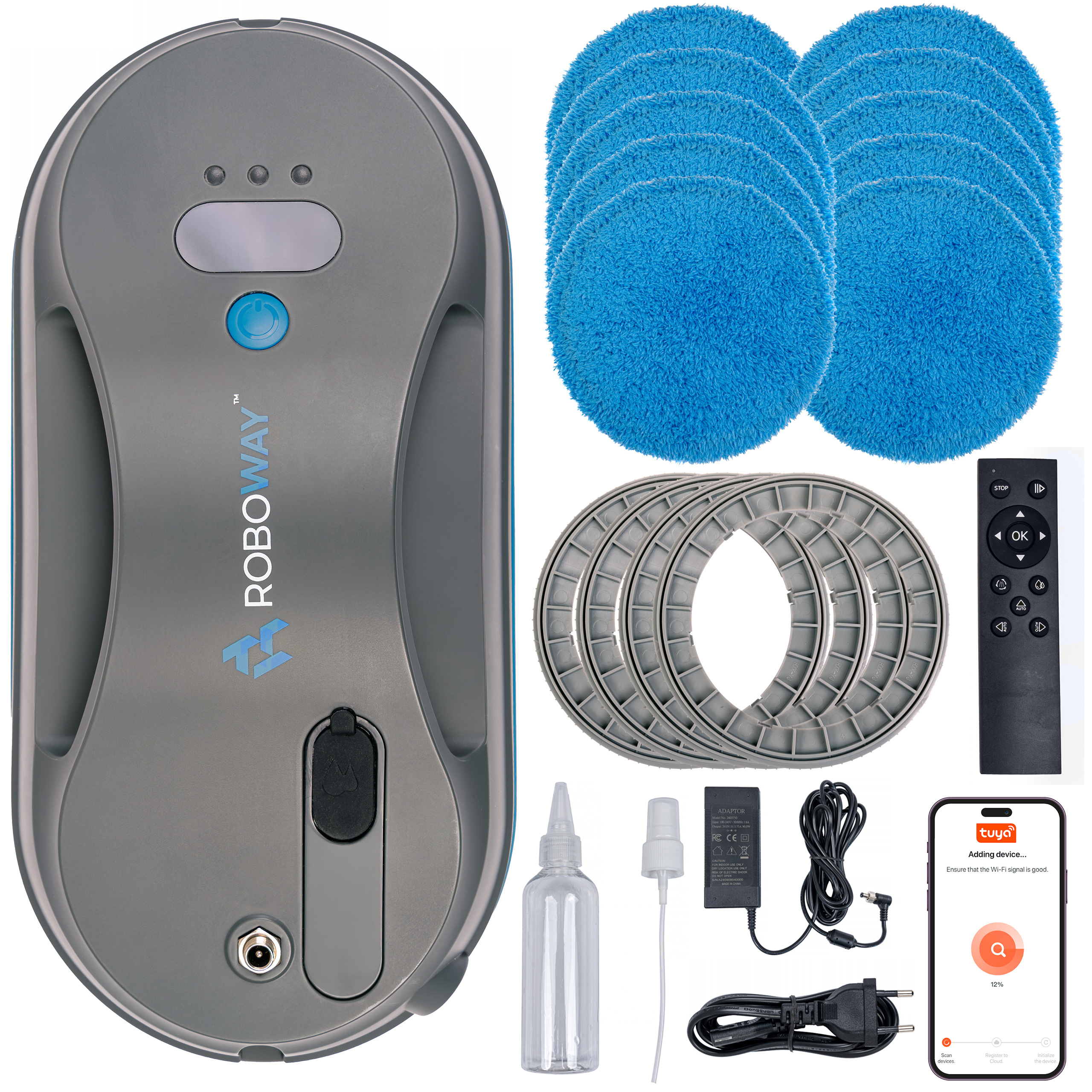 Myjka do okien z akcesoriami. Zawiera pady, pilota, butelkę z rozpylaczem, zasilacz i telefon z aplikacją.