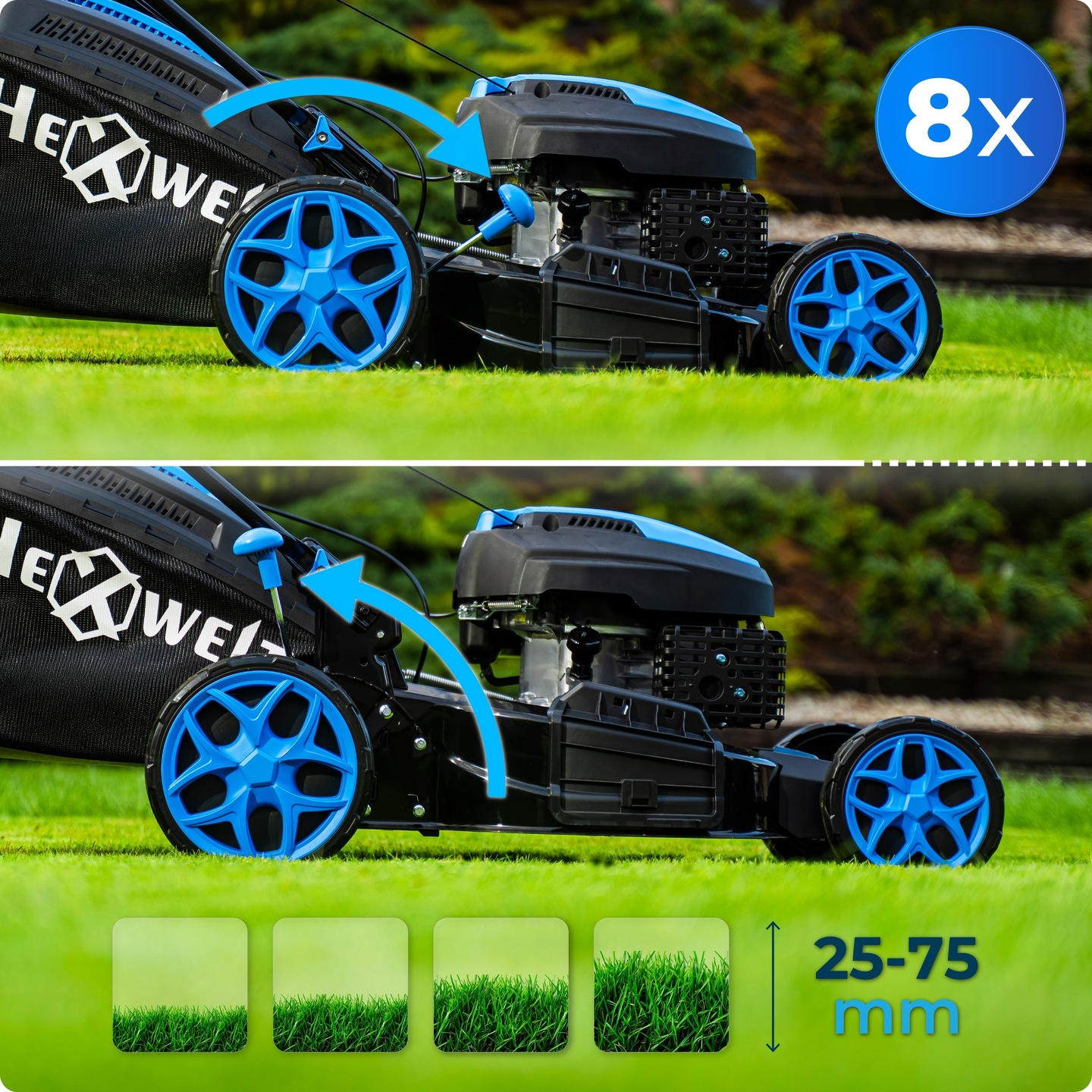Czarno-niebieska kosiarka do trawy na trawie. Dołączona jest torba. Niebieskie strzałki pokazują funkcje. Niebieskie koło ma 8x. Próbki trawy.