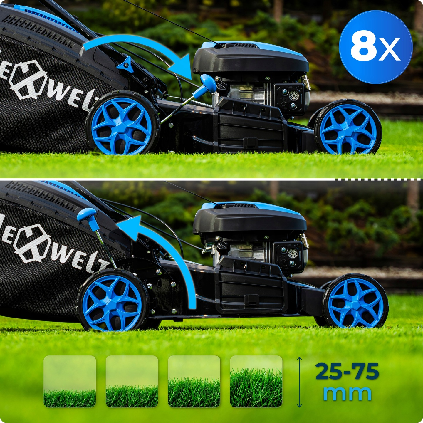 Czarno-niebieska kosiarka do trawy na zielonej trawie. Strzałki wskazują funkcje. Wstawki pokazują wysokości trawy. Niebieskie koło pokazuje 8X.