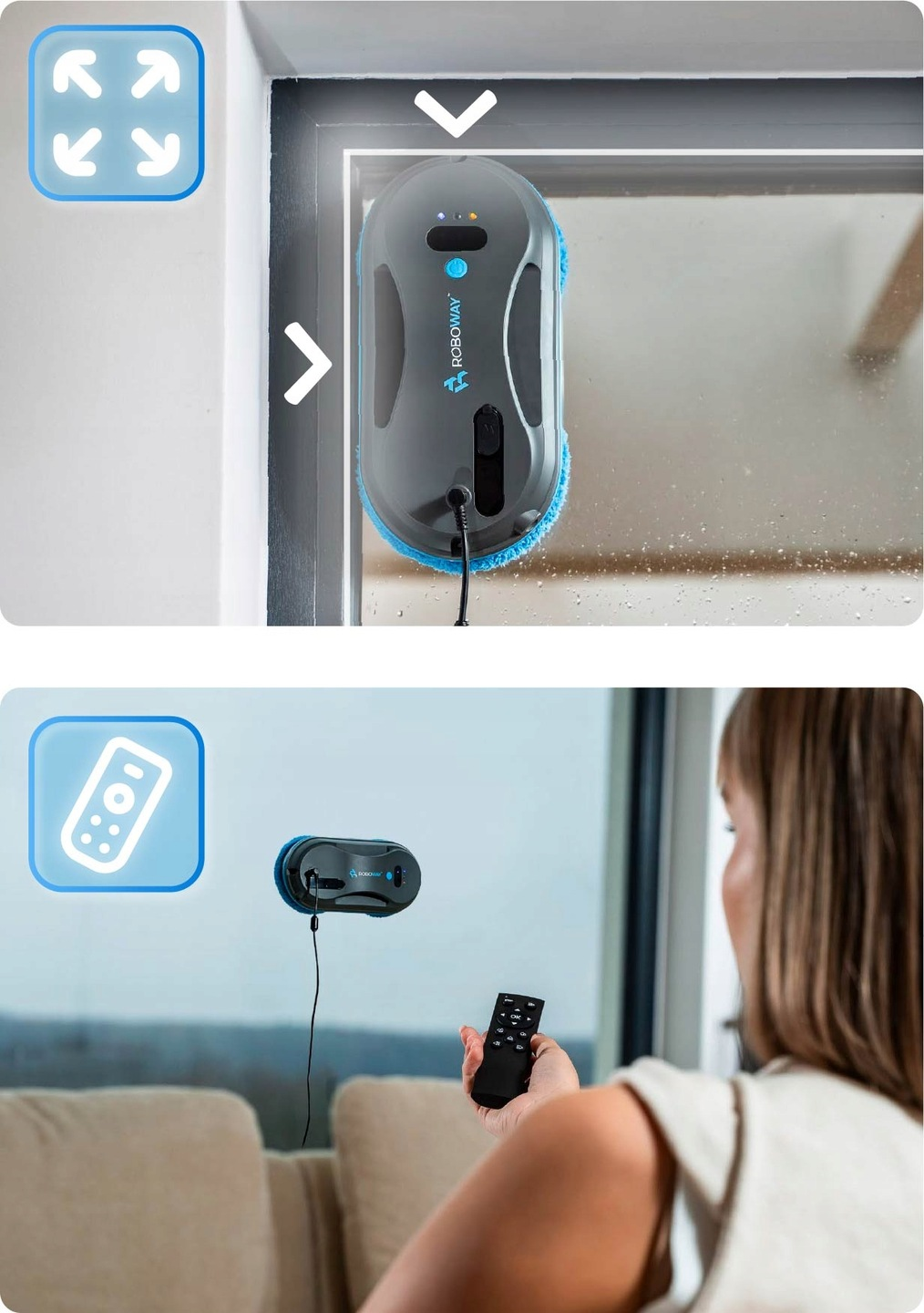 Robot do czyszczenia okien jest na oknie. Kobieta używa pilota. Tło pokazuje zewnętrzną stronę.