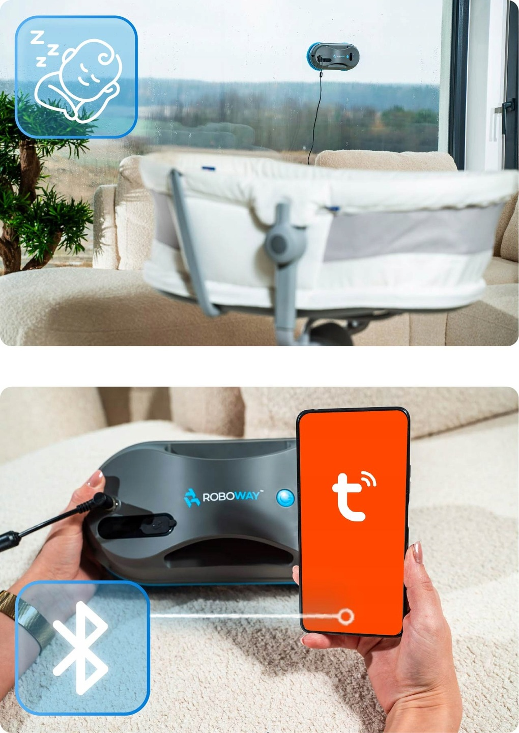 Myjka do okien jest na oknie. Łóżeczko dziecięce jest w pokoju. Telefon z pomarańczowym ekranem jest podłączony.