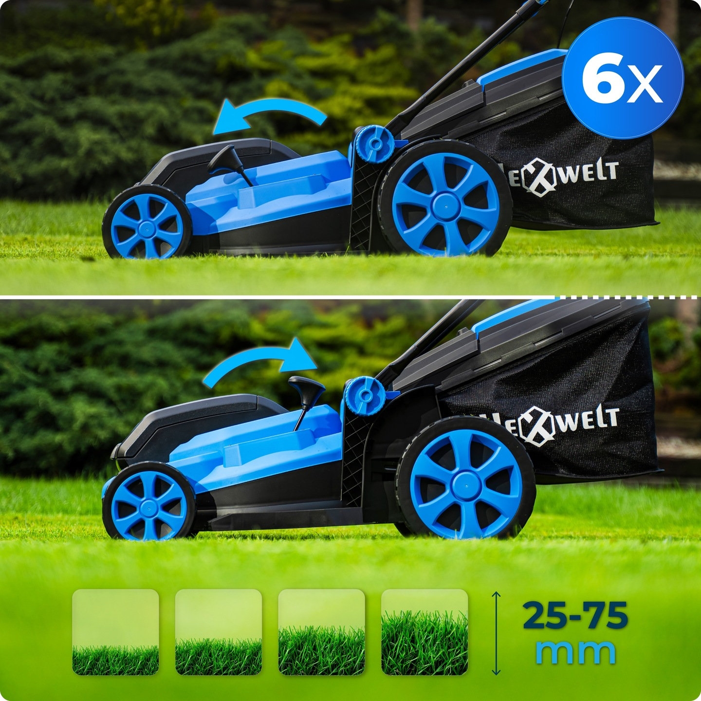 Niebiesko-czarna kosiarka do trawy na zielonej trawie. Czarna torba z białym tekstem. Tło to zielone krzewy. Pokazuje 6x i 25-75mm.