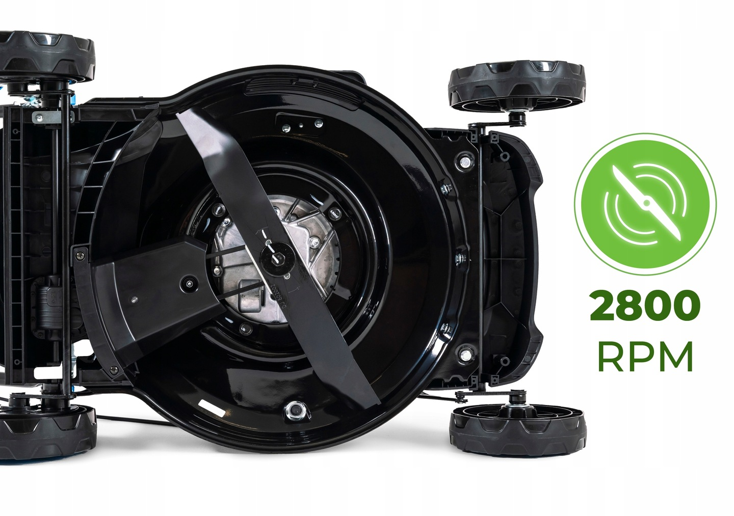 Czarna kosiarka z ostrzem, kołami i zieloną ikoną 2800 RPM.