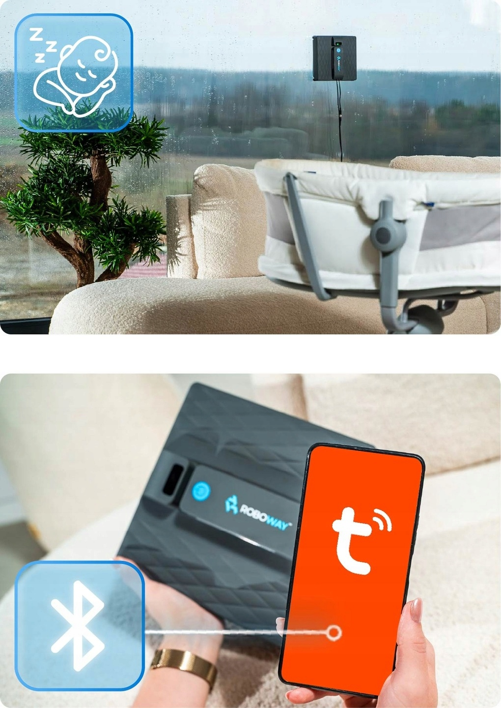 Myjka do okien przymocowana do okna, z łóżeczkiem dziecięcym i małym drzewkiem. Telefon z aplikacją jest połączony z myjką.